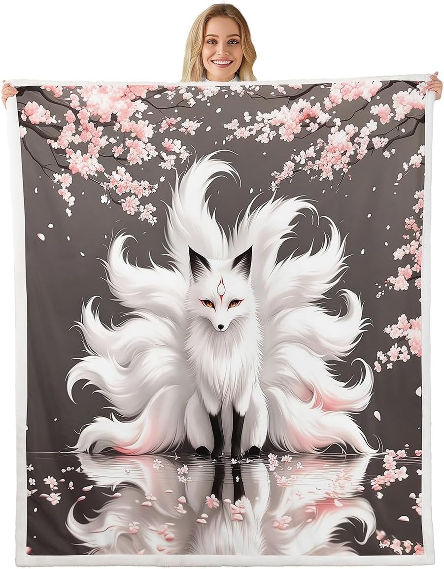 White Fox Bed Blankets,Japanese Style Ukiyo-e Throw Blanket Kids Boys Teen Adult Room Decor,Pink Cherry Blossom Fleece Blanket Wild Animal Sakura Pattern Fuzzy Blanket,50"×60"