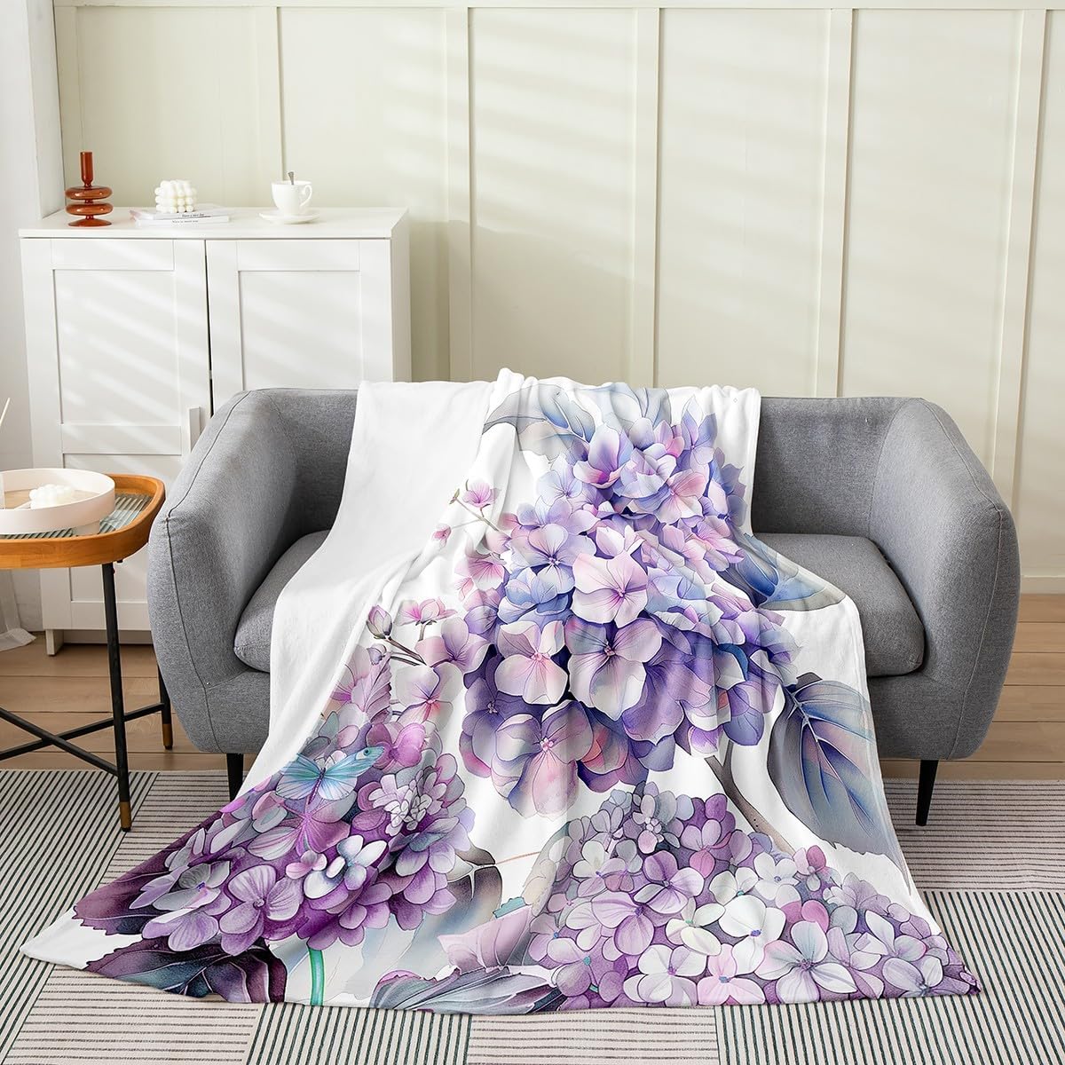 Erosebridal Girls Purple Hydrangea Fleece Blanket Throw 50x60,Ombre Floral Throw Blanket,Garden Butterflies Blanket,Rustic Spring Aesthetics Fuzzy Blanket for Bedroom Living Room