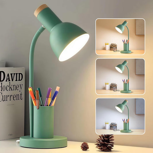 LED Desk Lamp for Home Office, Table Lamp with Pen Holder, 3 Color Modes Reading Light, Eye-Caring Desk Light with Gooseneck, Metal Study Lamp for Dorm Bedside Bedroom (Green Lamp)
