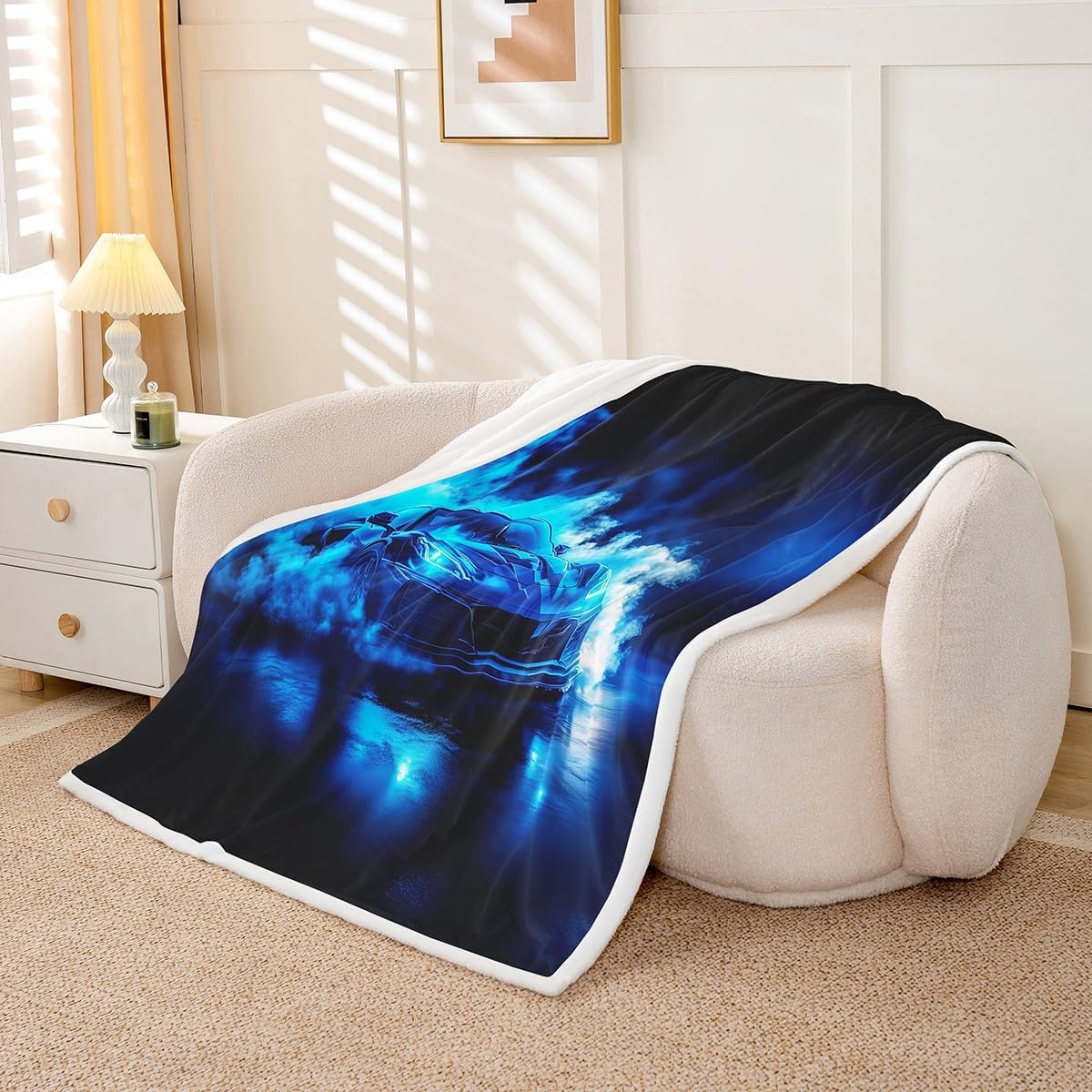 Boys Sports Car Blanket,Cool Blue Race Car Plush Blanket Queen 90x90 for Kids Teens,3D Foggy Racing Cars Throw Blankets,Extreme Sports Theme Fleece Fuzzy Blankets Racing Games Race Cars Room Decor
