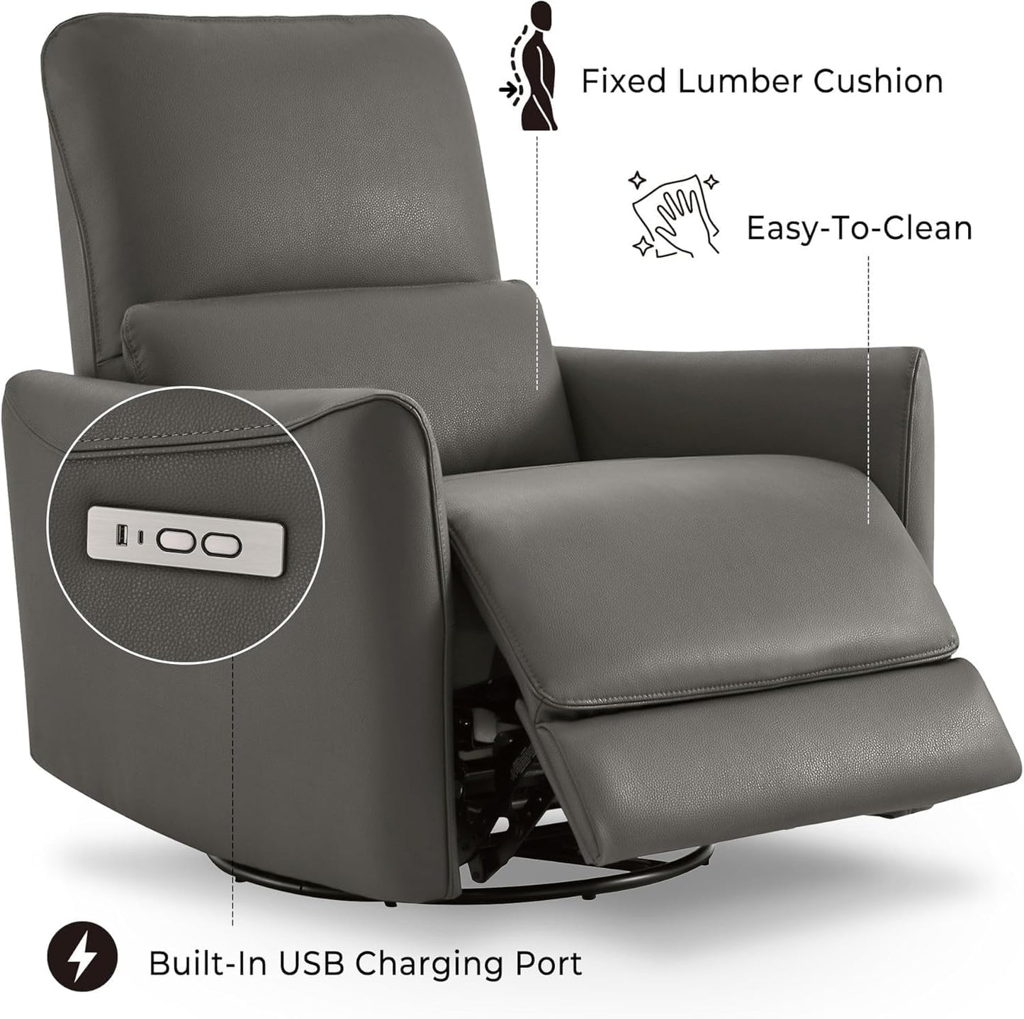 Modern Power Recliner Chair with USB & Type‑C Charging Ports, Swivel Glider Electric Recliner with Breathable Leather and Lumbar Support for Living Room Home Theater