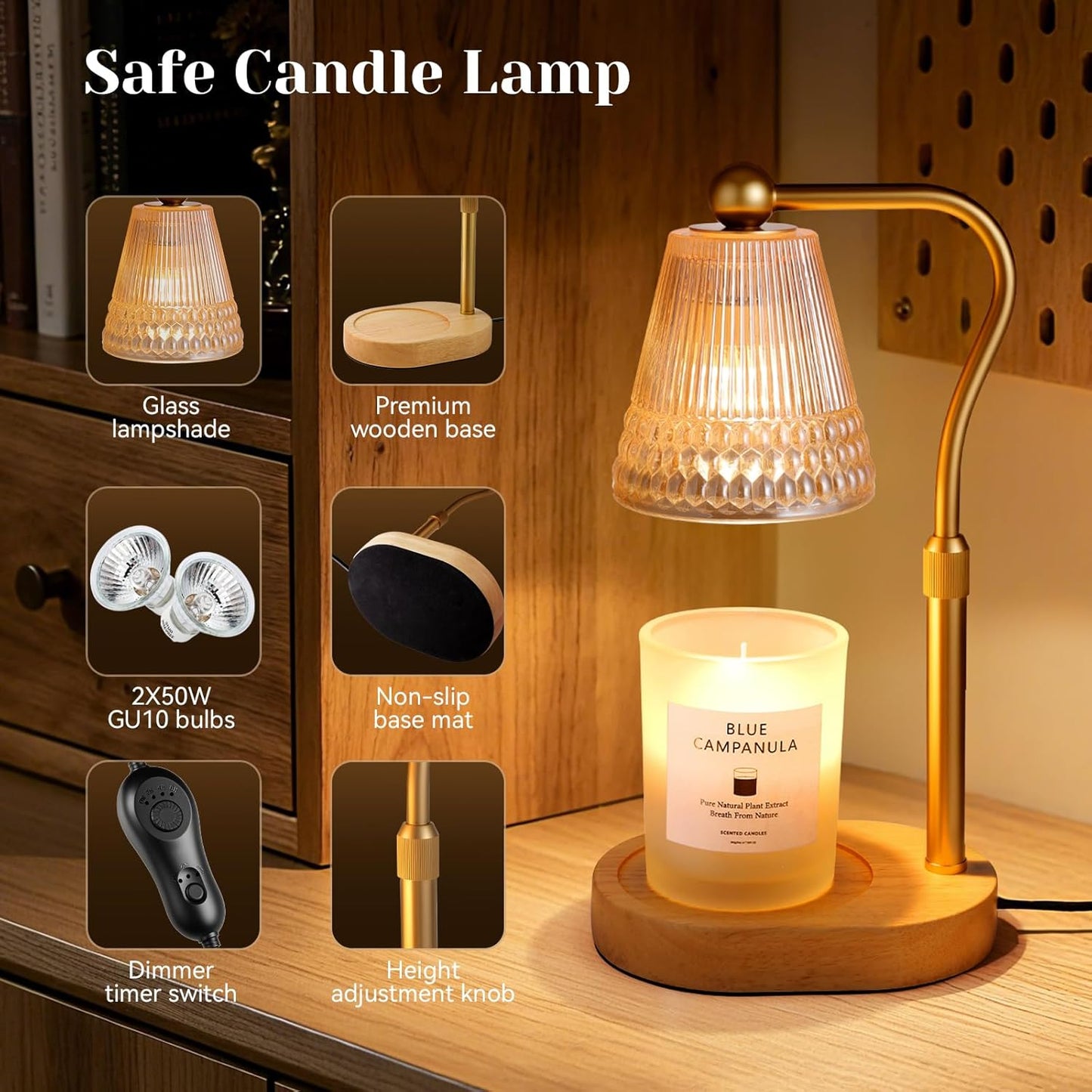 Candle Warmer Lamp, Adjustable Height & Dimmable, Candles with Timer, 2H/4H/8H Auto Off, Safe Flameless Night Light for Home Decor, Bedroom, Office, Christmas Birthday Gift for Women & Men
