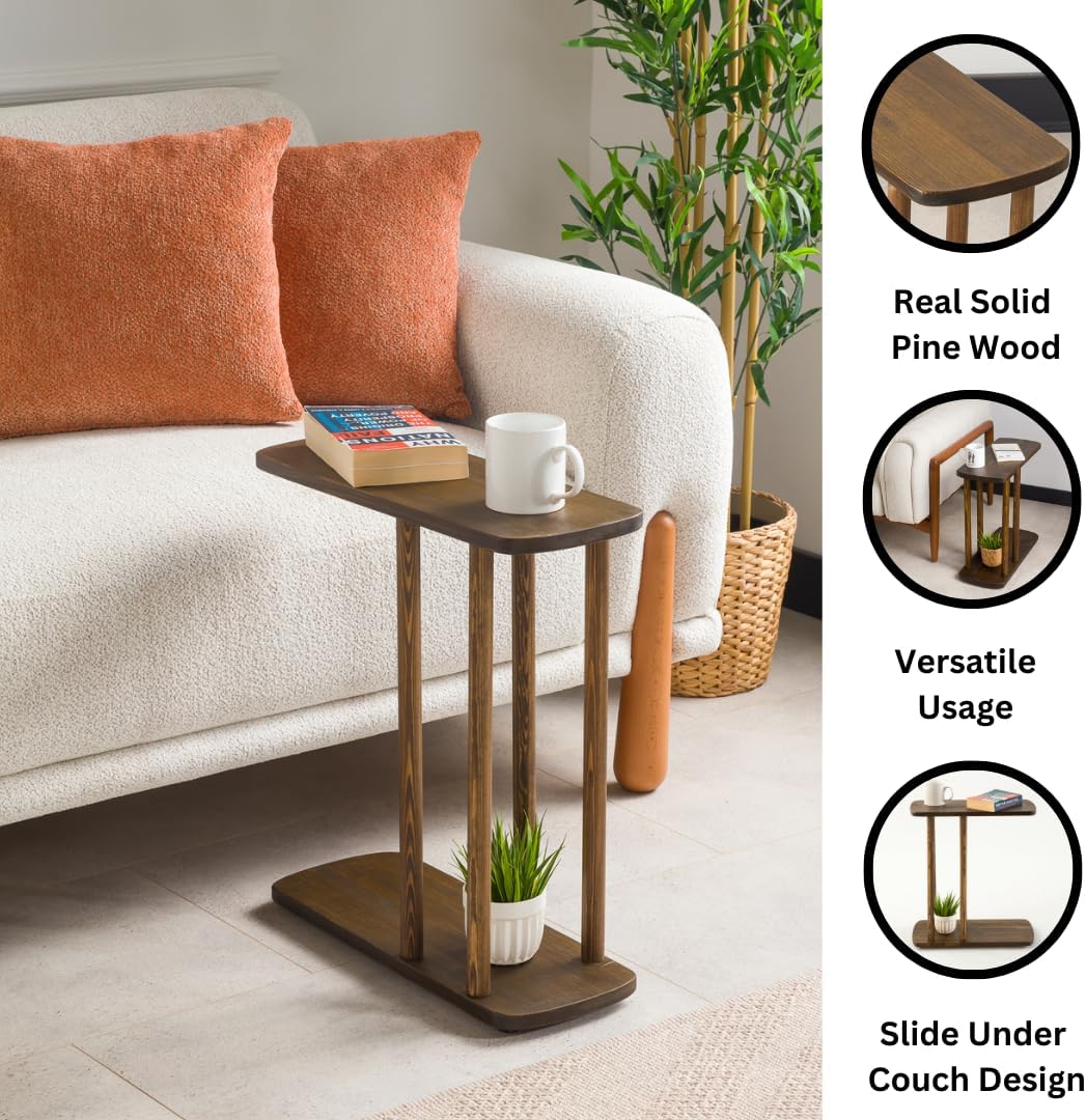 C-Shaped Solid Wood End Table, Side Table for Couches, Sofa Tables Slide Under Couch for Living Room, Over Couch TV Tray Table for Small Spaces Style Wooden (Dark Walnut, Medium)