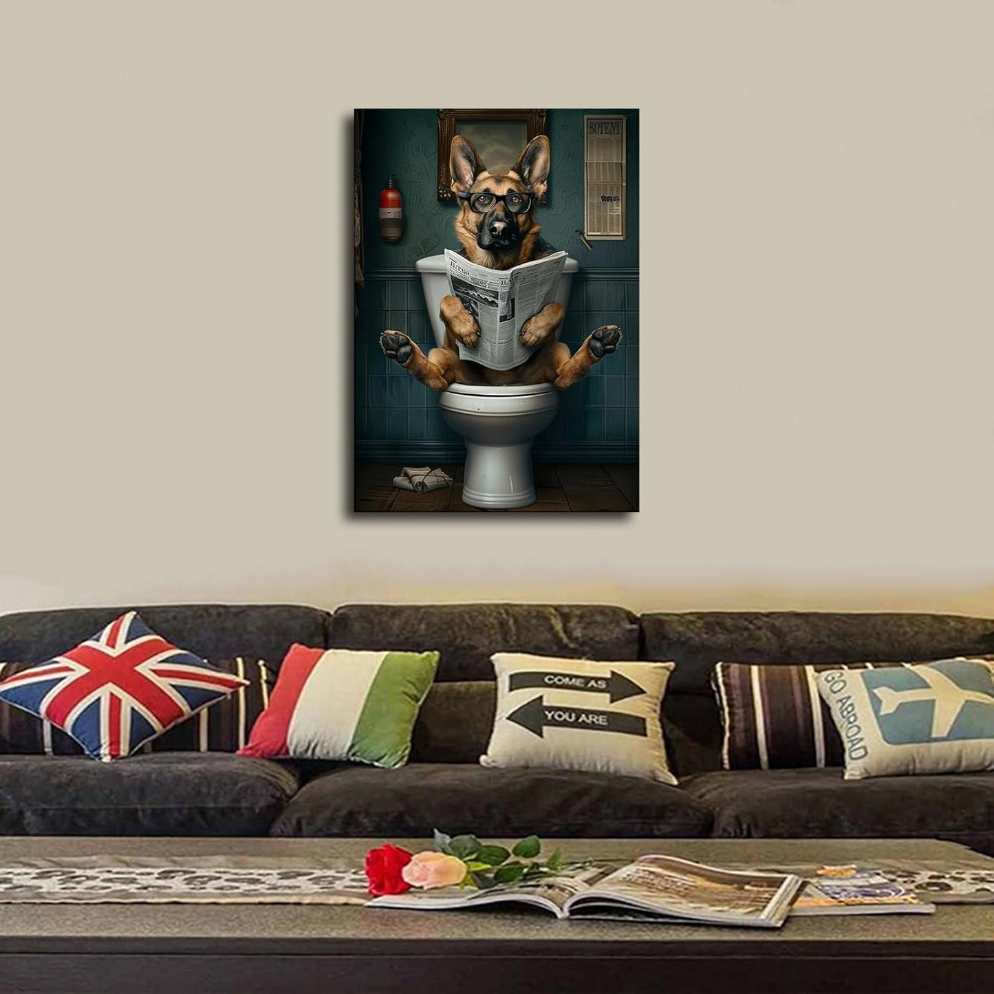 chenmjj German Shepherd Reading Newspaper Print Poster Picture HD Print Poster Retro Painted Modern Home Bedroom Room Aesthetic Decoration Canvas Art (08x12inch Unframed)