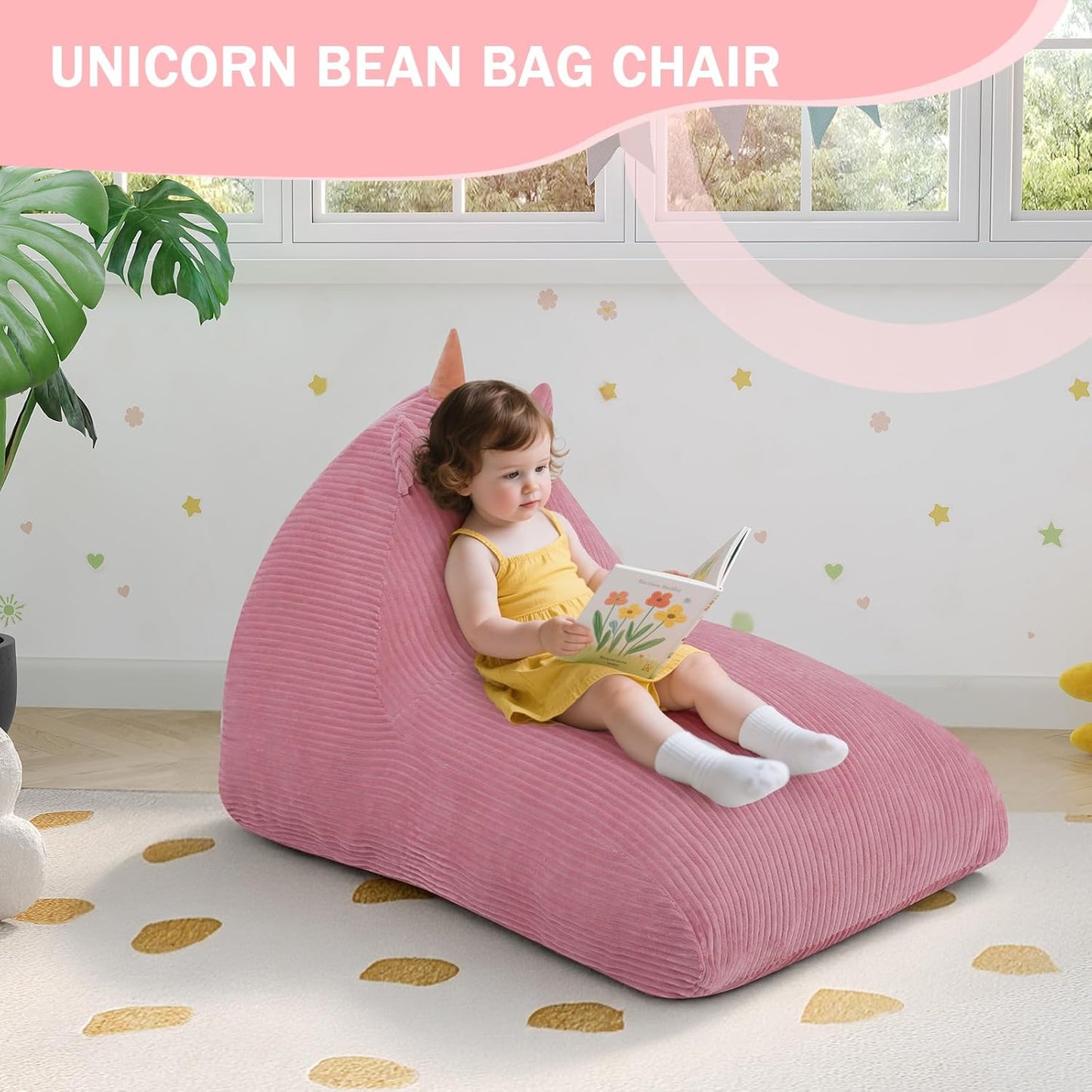 COMAX Bean Bag Chairs for Kids, Unicorn Kid Beanbag Chair with Filler, Toddler Lounge Bean Chair Corduroy, Lazy Floor Lounger for Girls and Boys Stuffed, Pink