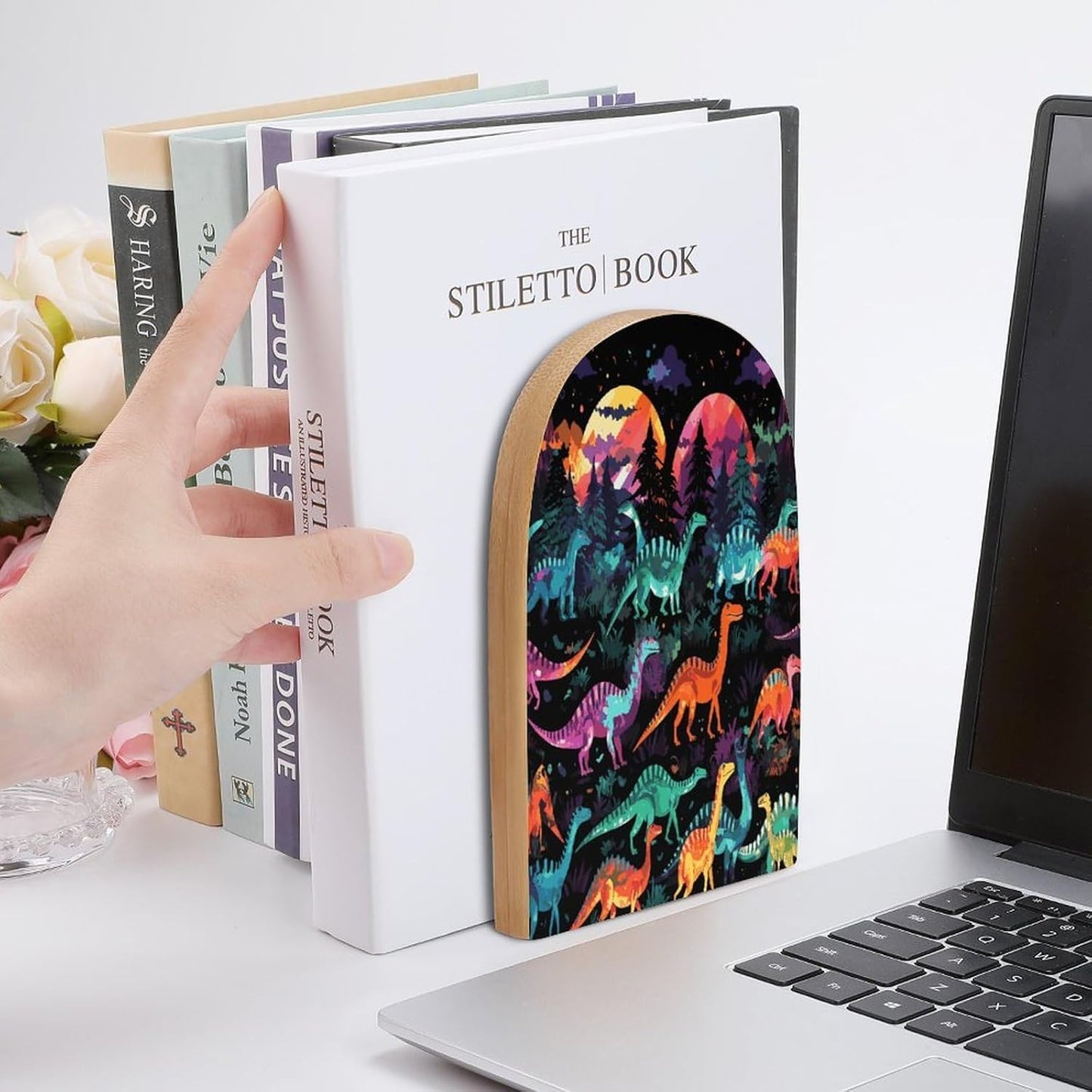 Non-Slip Bookend for Shelves Colorful Dinosaurs on Black Background Wooden Bookends with Metal Base Decorative Book Stopper for Home Heavy Duty Wood Book Storage for Books/CDs