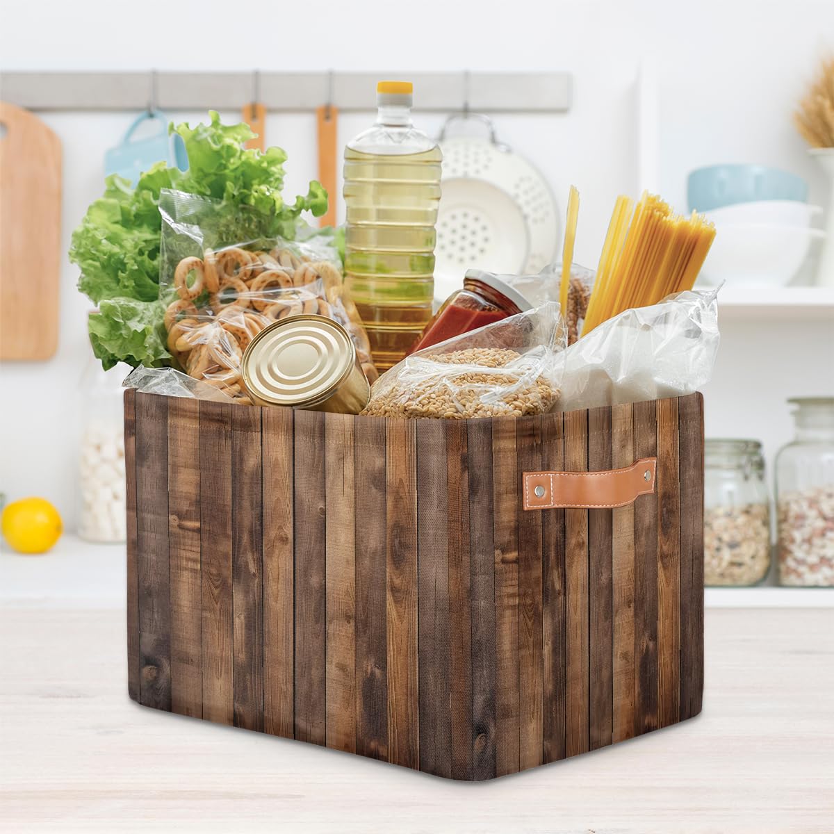 Rustic Wooden Board Storage Baskets for Organizing, Fabric Collapsible Storage Bins Box Retro Decorative Toy Organizer Baskets for Closet Shelves Gift Basket 1 Pc
