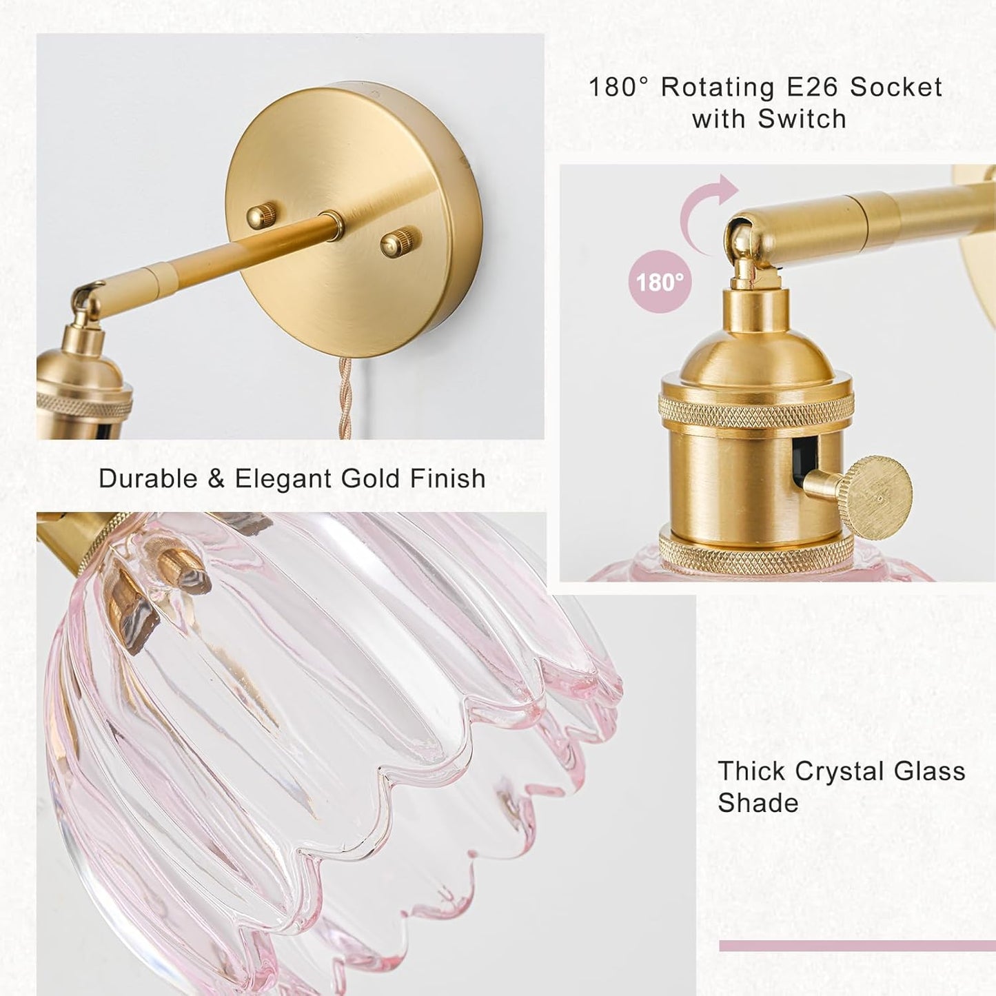 Plug in Wall Sconce, Vintage Sconce Light with Tulip Pink Glass Lampshade, Bedside Wall Sconce with Switch and Plug in Wall Lamp Cord, Gold Wall Light for Bedroom
