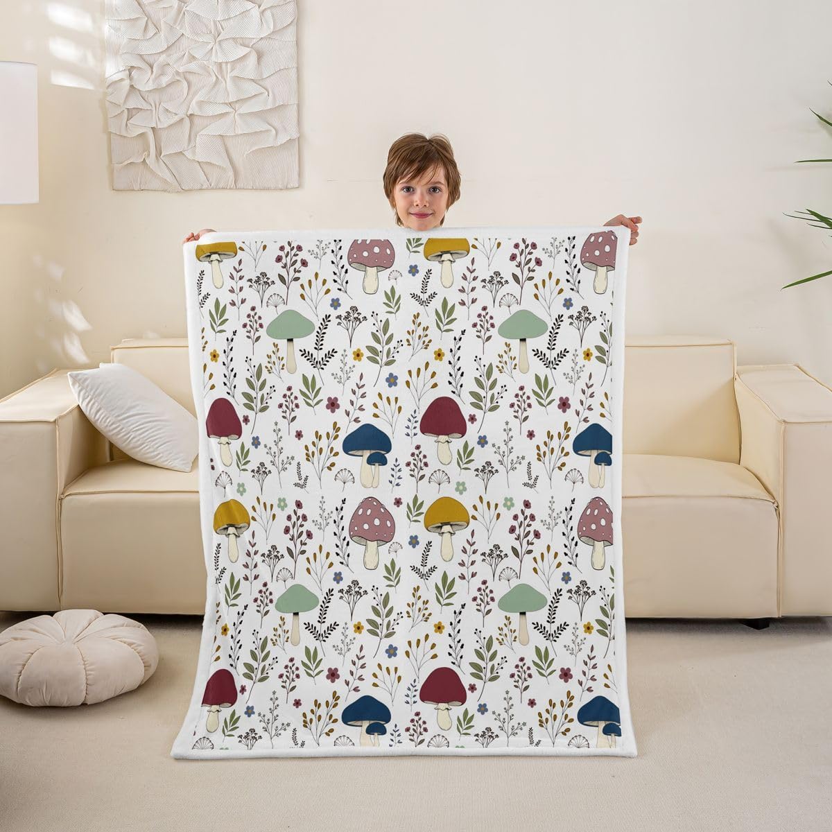 Feelyou Mushroom Sherpa Throw Blanket for Couch Boho Super Soft Cozy Fleece Vintage Floral Blanket for Winter, Plush Throw Throw 50"x60" All Season