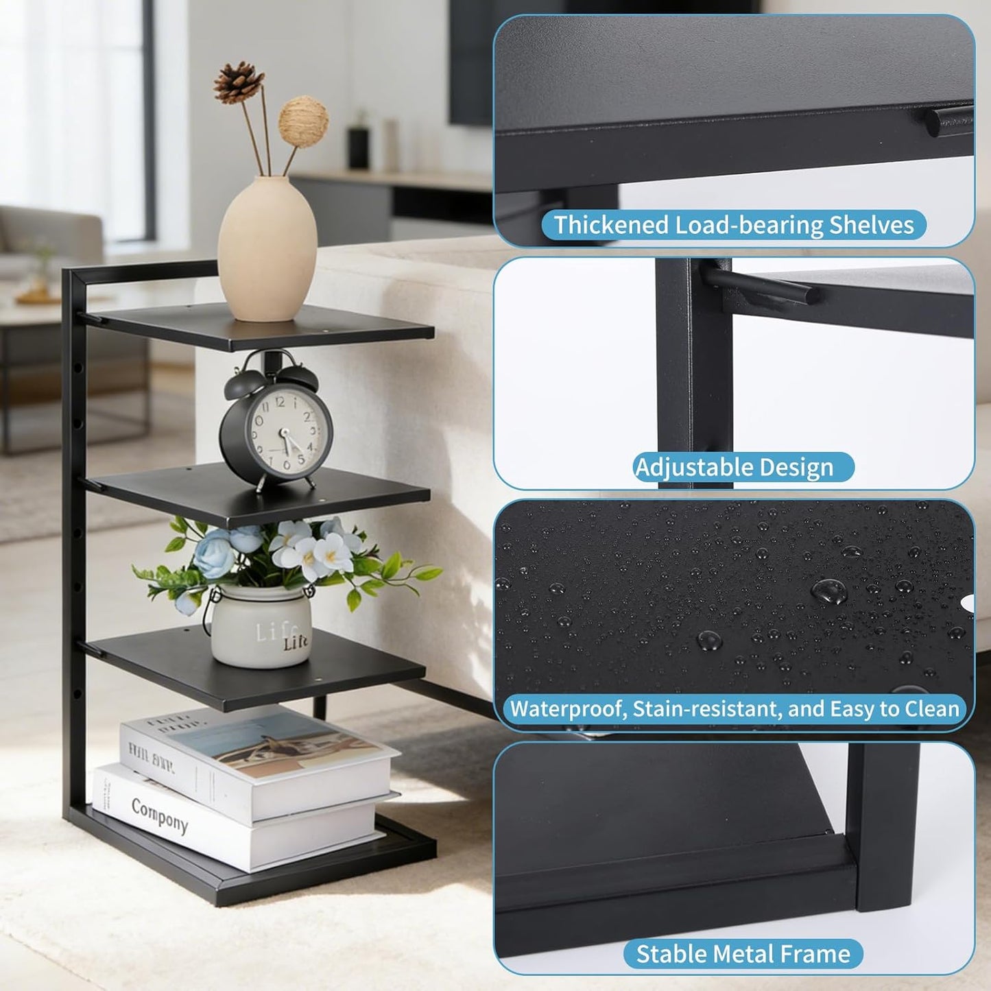 Rainmae 4-Tier Small Metal Bookshelf for Desktop, Adjustable Height Modern Bookcase, Space-Saving Book Storage Display Shelf Tabletop Organizer for Bedroom, Living Room, Office, Black