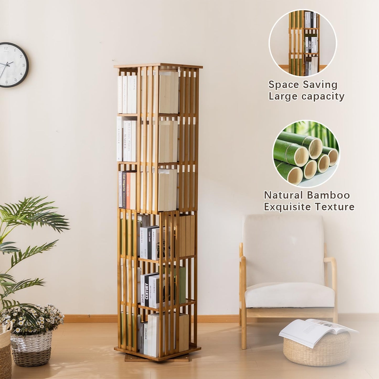 latifolia 6 Tier Rotating Bookshelf Tower, 360° Spinning Bamboo Bookcase, Coner Bookshelf for Office, Living Room, Narrow Space(Brown)