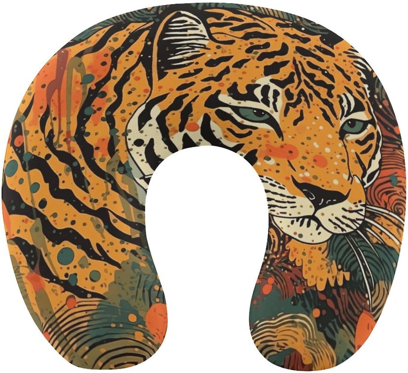 Tiger Botanical Print Neck Pillow Memory Foam U Shaped Pillows Portable Pillows for Shoulder Travel Head Support Pillow with Concealed Zipper for Airplane Car Home Office