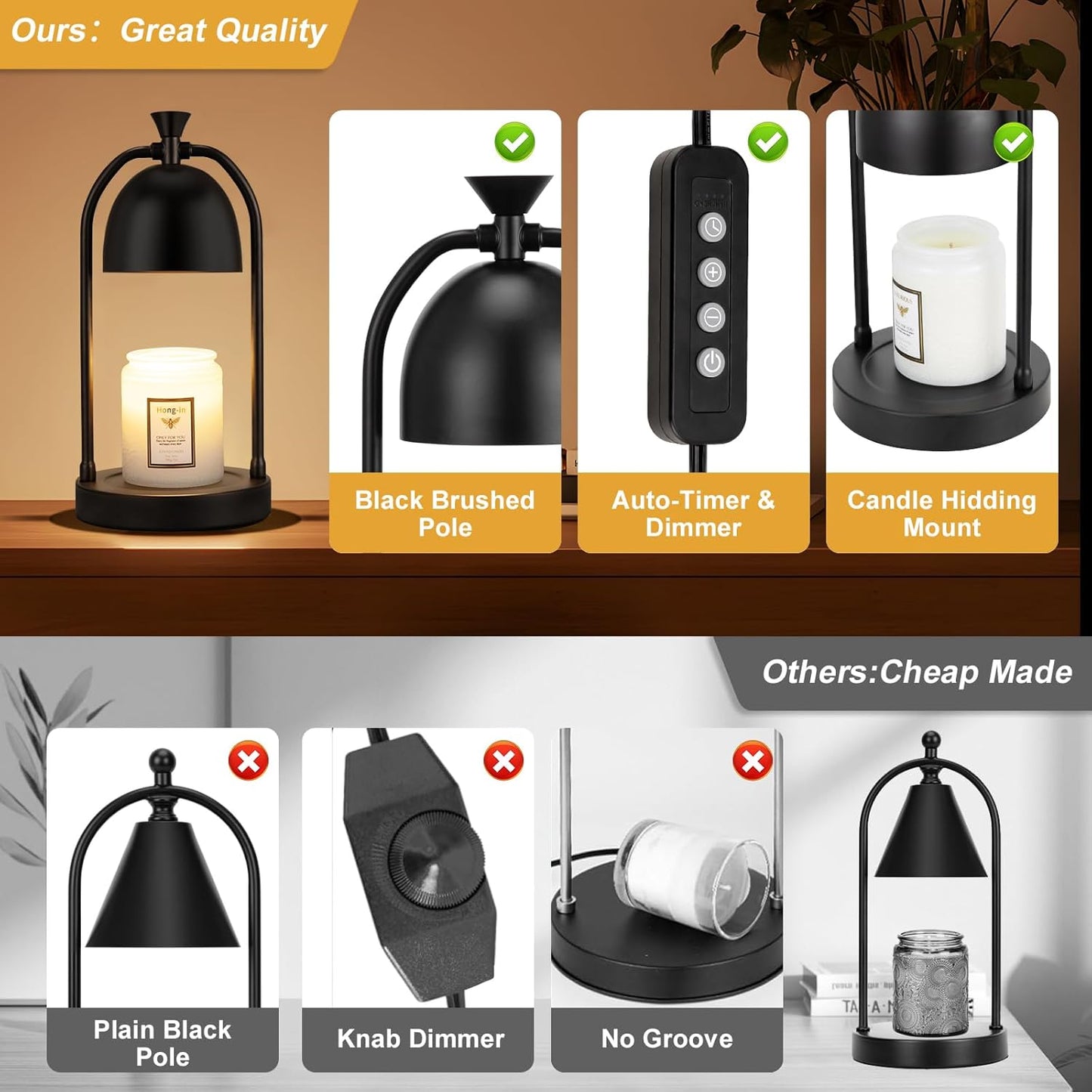 Hong-in Candle Warmer Lamp with Timer,Electric Black Candle Warmer,Wax Warmer for Scented Wax Jar Candles,Candle Lamp for Kitchen Home Decor, House Warming Gifts New Home/Gifts for Women
