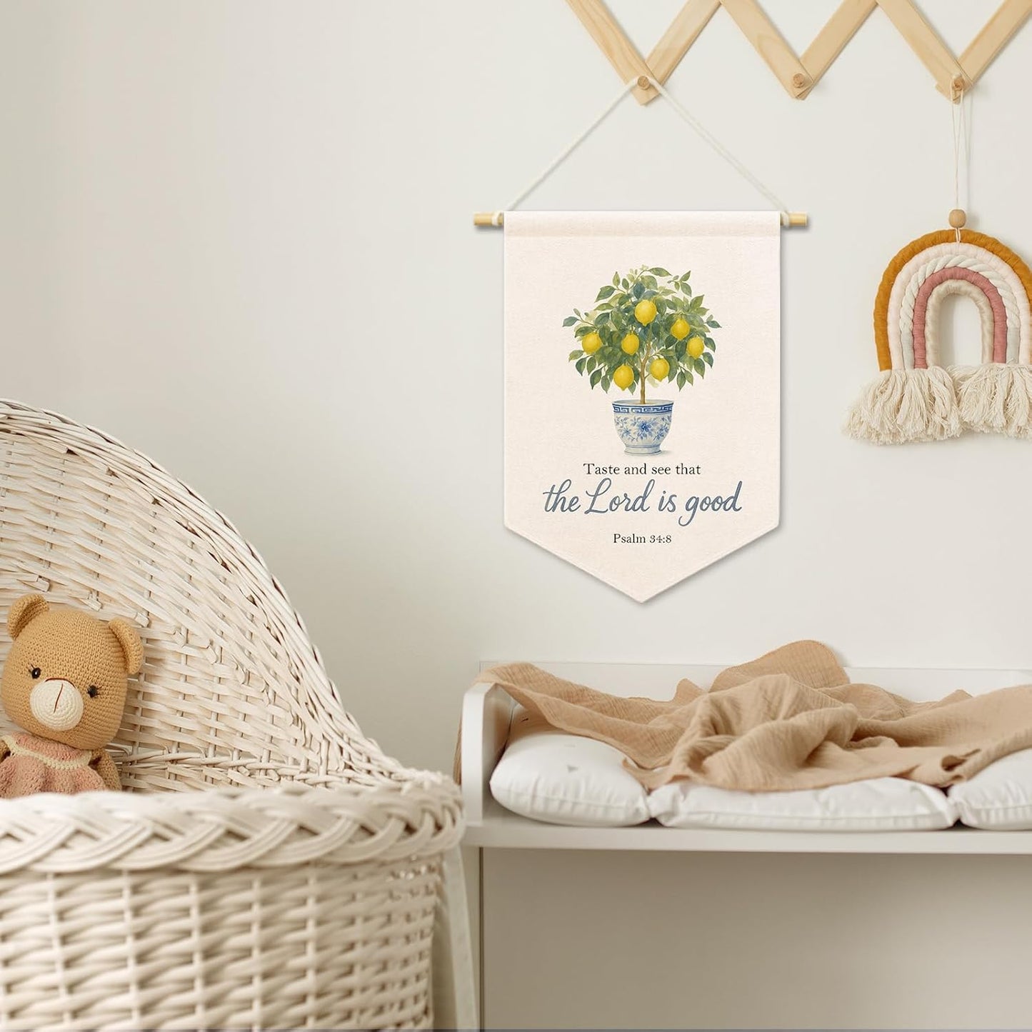 Christian Lemon Tree Kids Room Decor, Scripture Taste and See That The Lord Is Good Banner Canvas, Chinoiserie Wall Hanging Frame Decor Art Pennant Flag for Prayer Toddler Room Church 11x15in