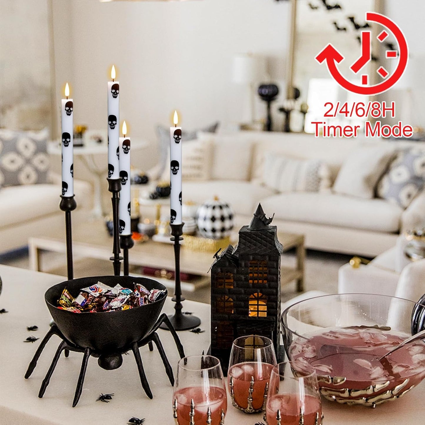 GenSwin Halloween Flameless Taper Candles Remote Timer, 4 Pack Real Wax LED Taper Candles Battery Operated Flickering with Skull Prints, Flameless Candlesticks for Halloween Decor(0.75”x 9.65”)
