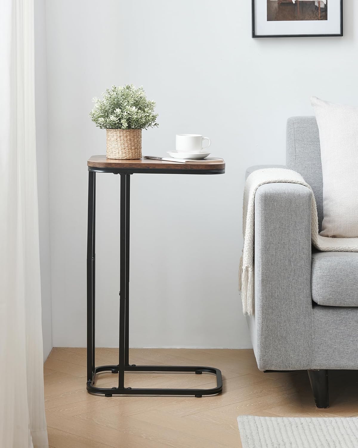 C Shaped End Table Set of 2, 26.6 inches High Small Side Table for Couch Sofa Bed, Tall Tv Tray Table, for Living Room, Bedroom, Metal Frame, Industrial Style, Rustic Brown & Black