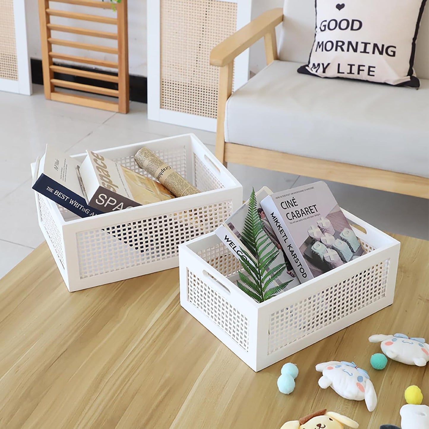 Wood Storage Baskets, Rattan Storage Baskets, Desk Office Drawer Storage Box. (White-Set2)