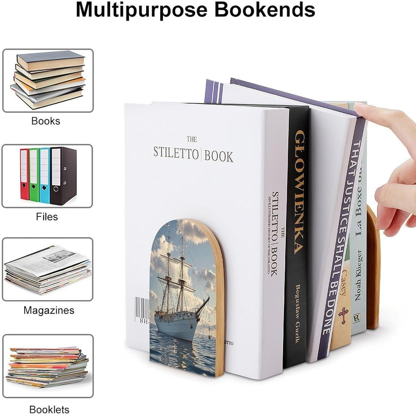 Vintage Nautical White Ship Bookends 1 Pair Heavy Duty Book Ends for Shelves Non-Skid Bookend Supports Wooden Book Holders with Metal Base Desk Organizers Books Storage to Hold Books