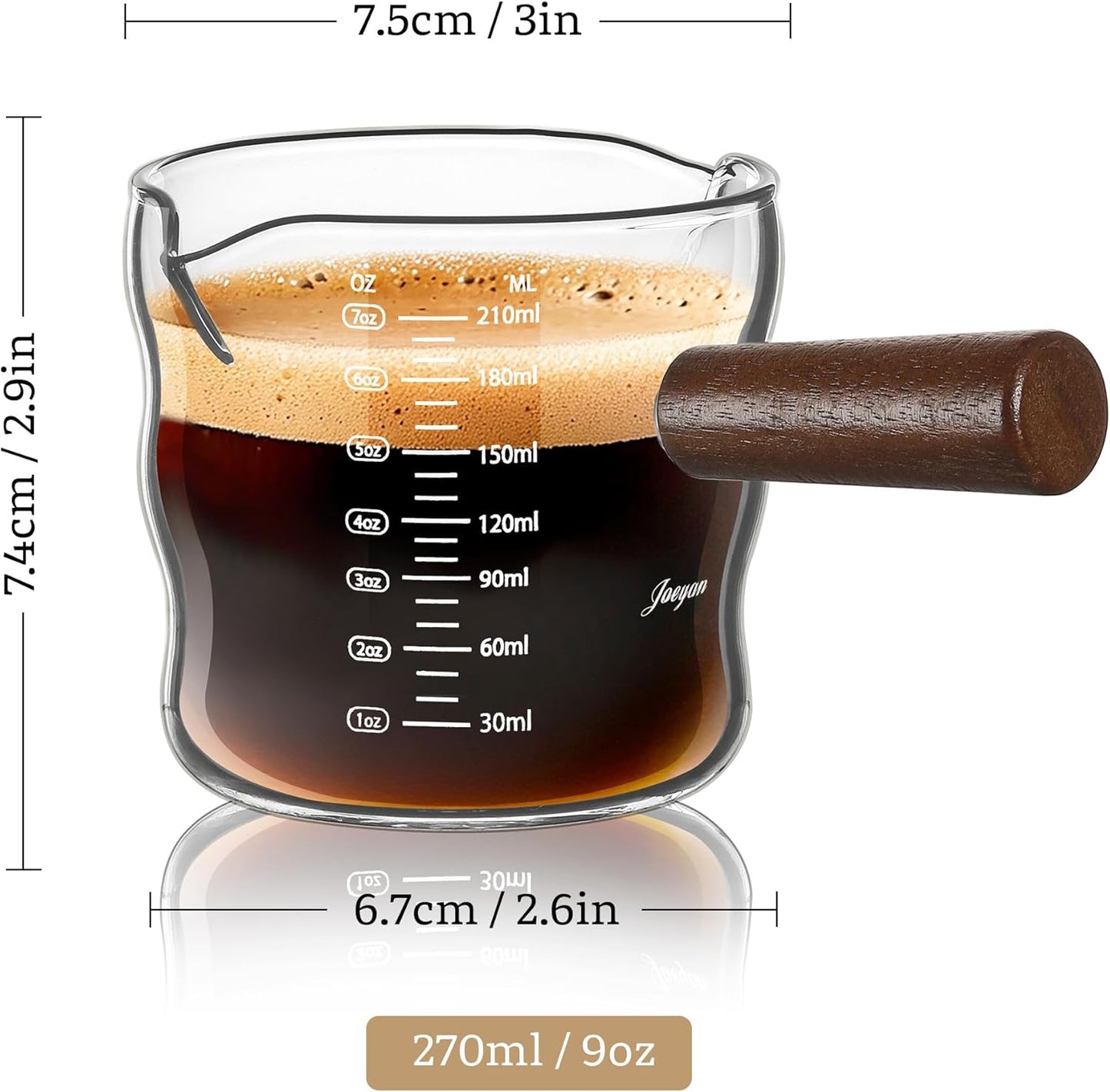 Joeyan 9 oz Espresso Cups, Espresso Shot Cups, Glass Measuring Cup with Double Spouts and Wood Handle, Wave Shaped Triple Pitcher Milk Cup, Borosilicate Clear Coffee Bar Accessories