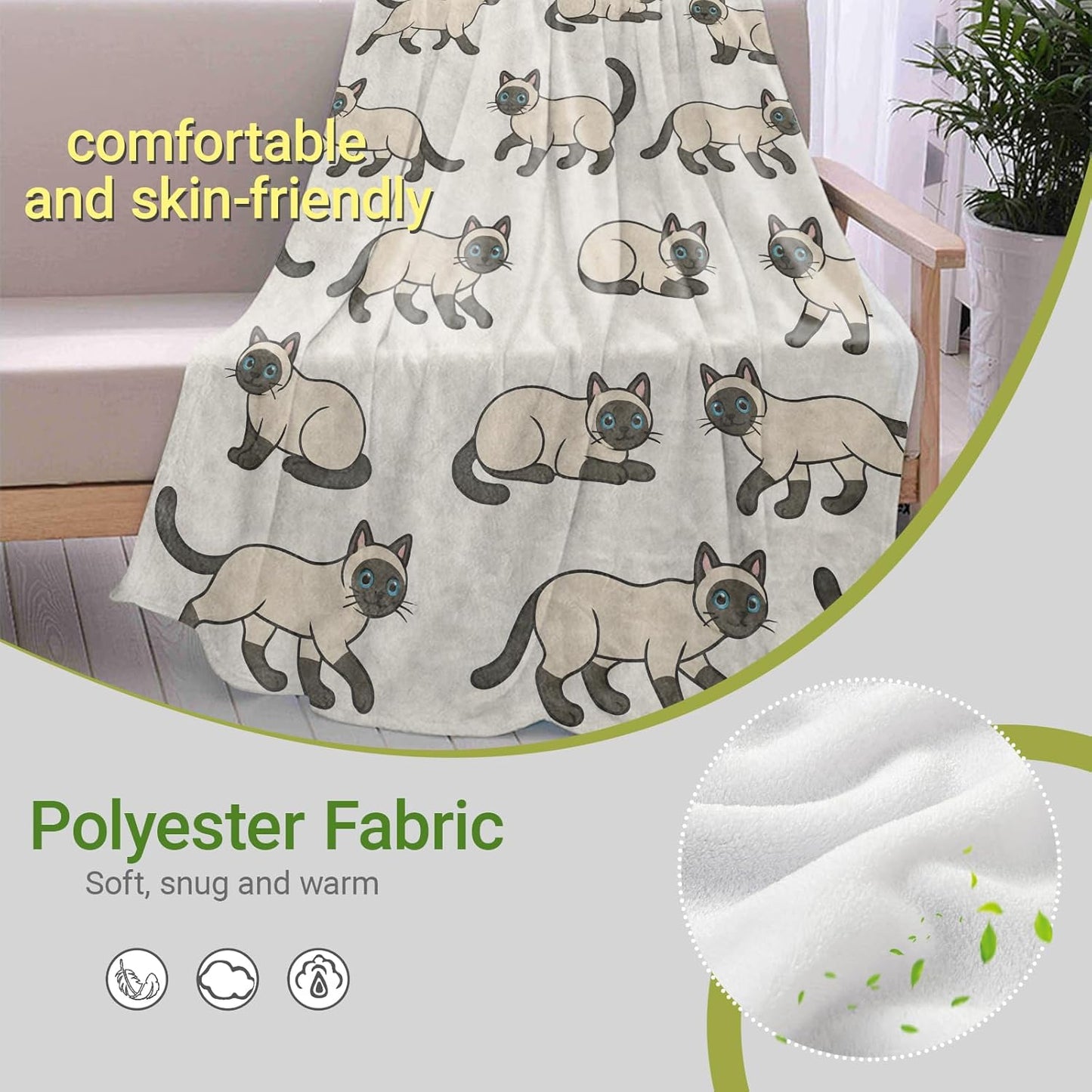 Siamese Feline Lightweight Throw Blanket, Cute Animal and Cartoon Cat Pattern, Warm Soft Cozy Flannel Blankets, Couch Bed Home Decor All Season Use, 60x50in, Beige, Gifts for Pet Lovers
