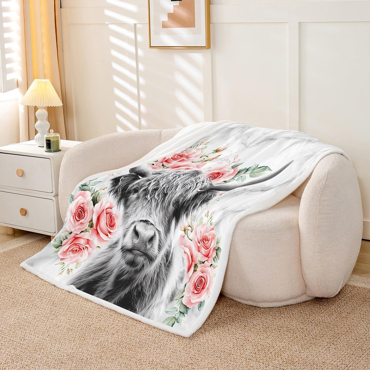 Erosebridal Highland Cow Flower Flannel Blanket Bull Cattle Sherpa Blanket Western Cowboy Funny Animal Throw Blanket Wildlife Farmhouse Cow Bed Blanket Rose Grey Marble Plush Blanket Throw 50"x60"