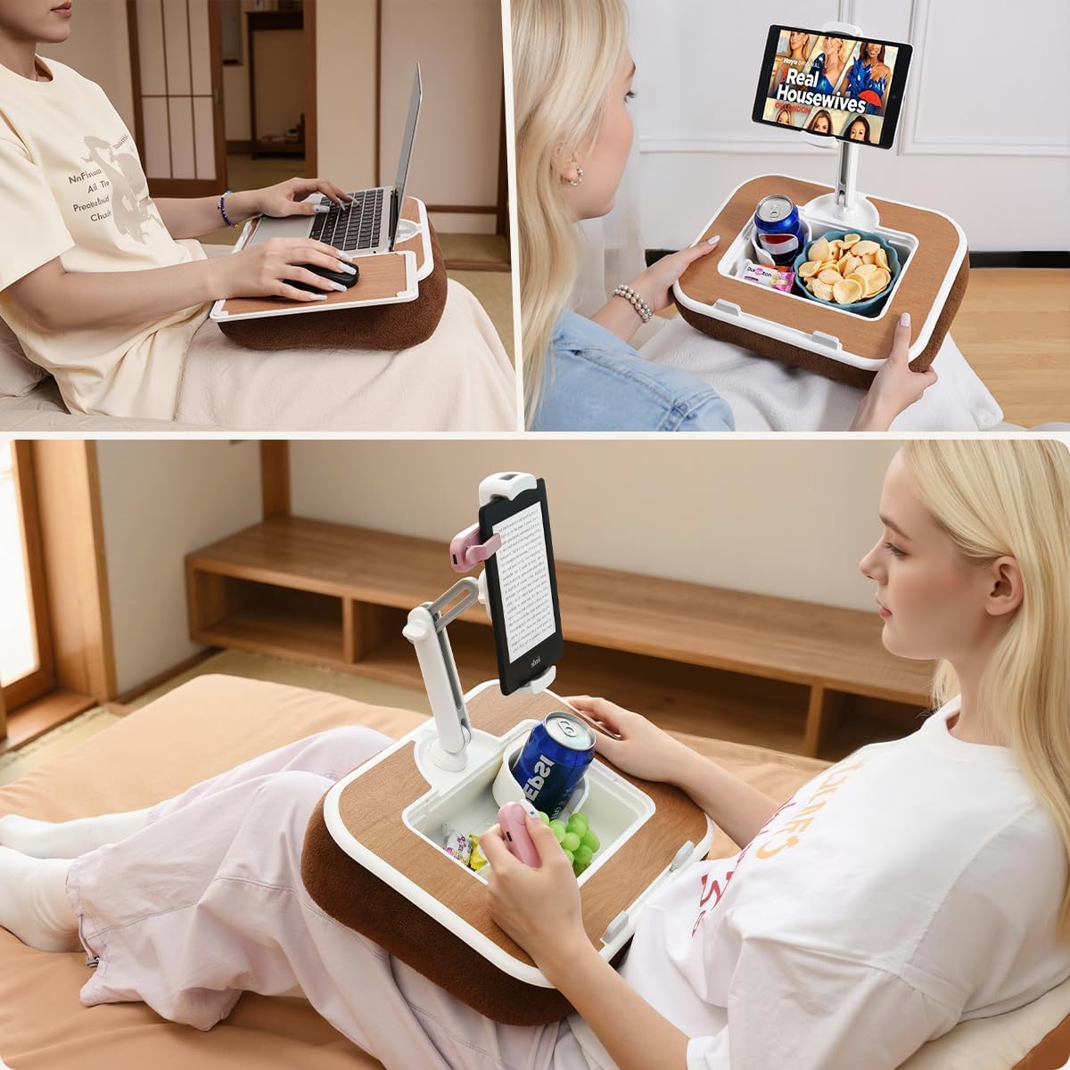 Tablet Pillow Stand with Snack Bowl, 360° Rotating Laptop Lap Desk for 4.7-13" Kindle/Tablet/Phone, 11-15" Laptop, Pillow Kindle Holder for Hands-Free Reading in Bed, Couch,Floor Etc-Wood Grain