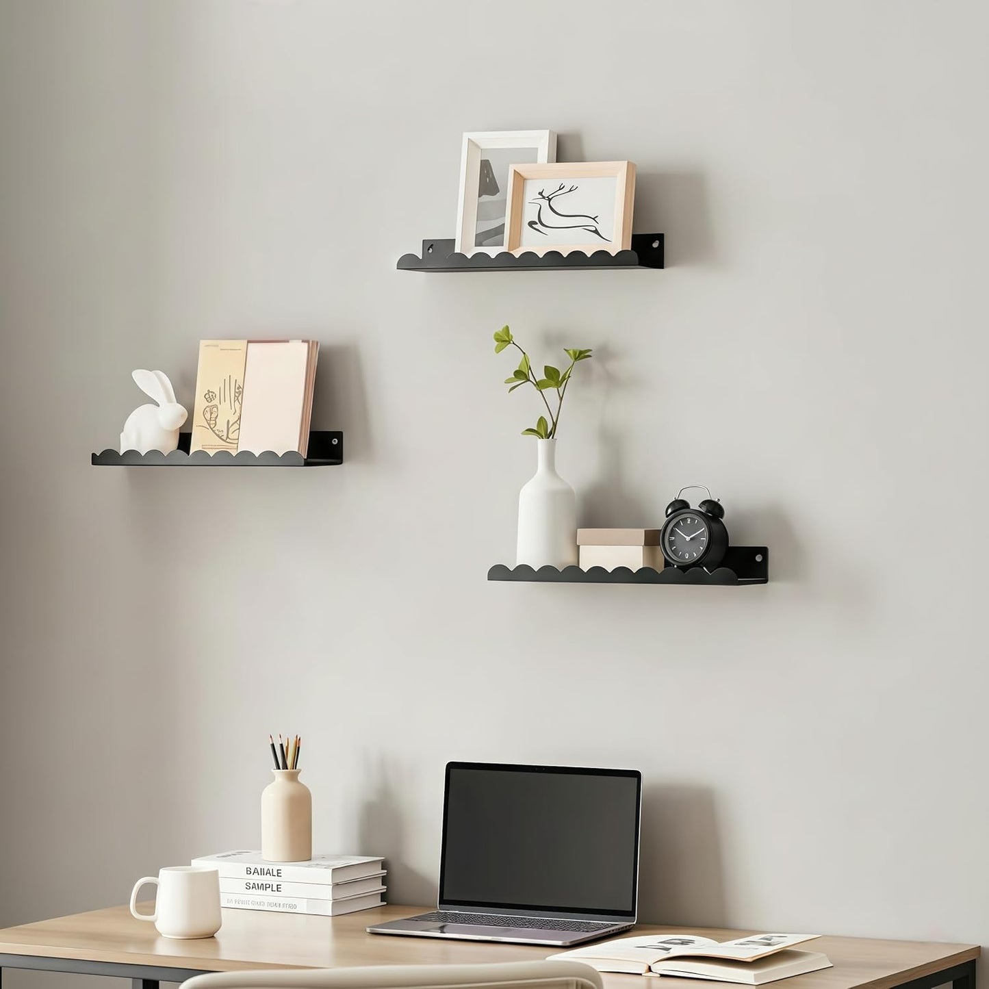 Nursery Book Shelves Set of 6, Black Metal Floating Shelves for Wall, 16 Inch Scalloped Book Shelf for Kids Room, Bathroom, Bedroom, Playroom Wall Decor & Storage