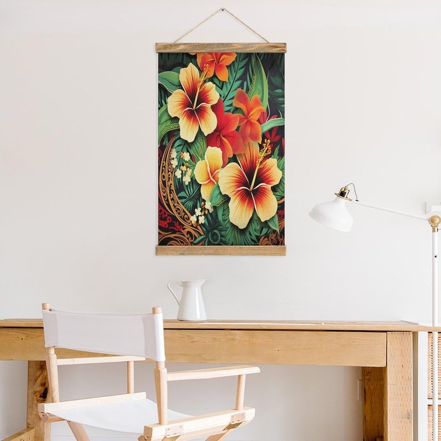 Vintage Hawaiian Style Print Pattern Poster with Wooden Frame Personalized Linen Hanging Scroll Painting Rustic Wall Hanging Illustrative Modern Artwork Decor for Home Living Room Bedroom Office
