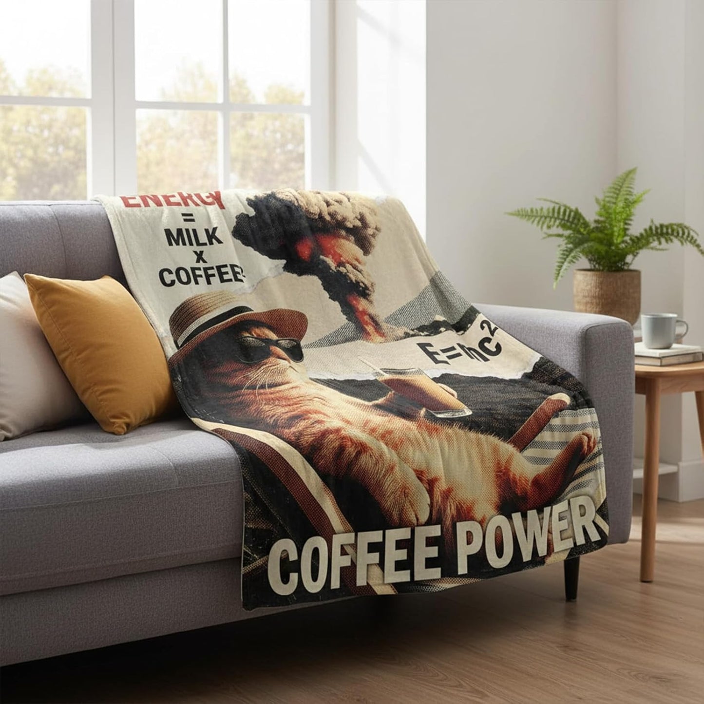 Lifeel Coffee Power Ginger Cat Throw Blanket, Funny Vintage Pop Quirky Caffeine Enthusiast Soft Cozy Flannel Blanket for Coffee Lovers Gife, 50×60 inch