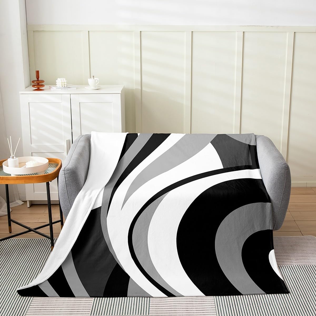 Gray Black White Swirls Throw Blanket Throw 50x60 Modern Geometric Circles Decorative Fleece Blanket for Men Women Adults Abstract Stripes Lines Simple Style Flannel Blanket for Living Room