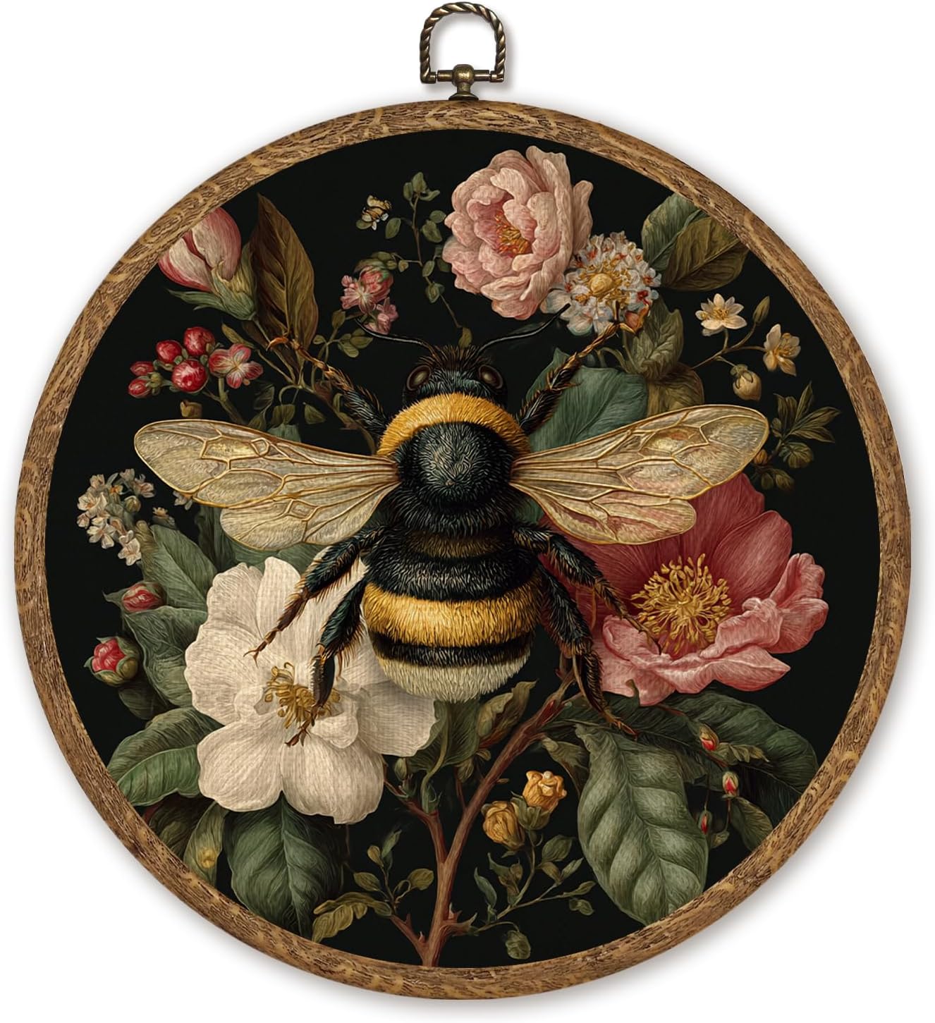William Morris Inspired Wall Art Decor 10x10 Inch Framed,Retro Bee with Floral Home Decor, Aesthetic Circular Art for Home Kitchen or Office, Unique Gift for Women,Neutral Retro Artwork 10''x10'' (Dark-Bee)