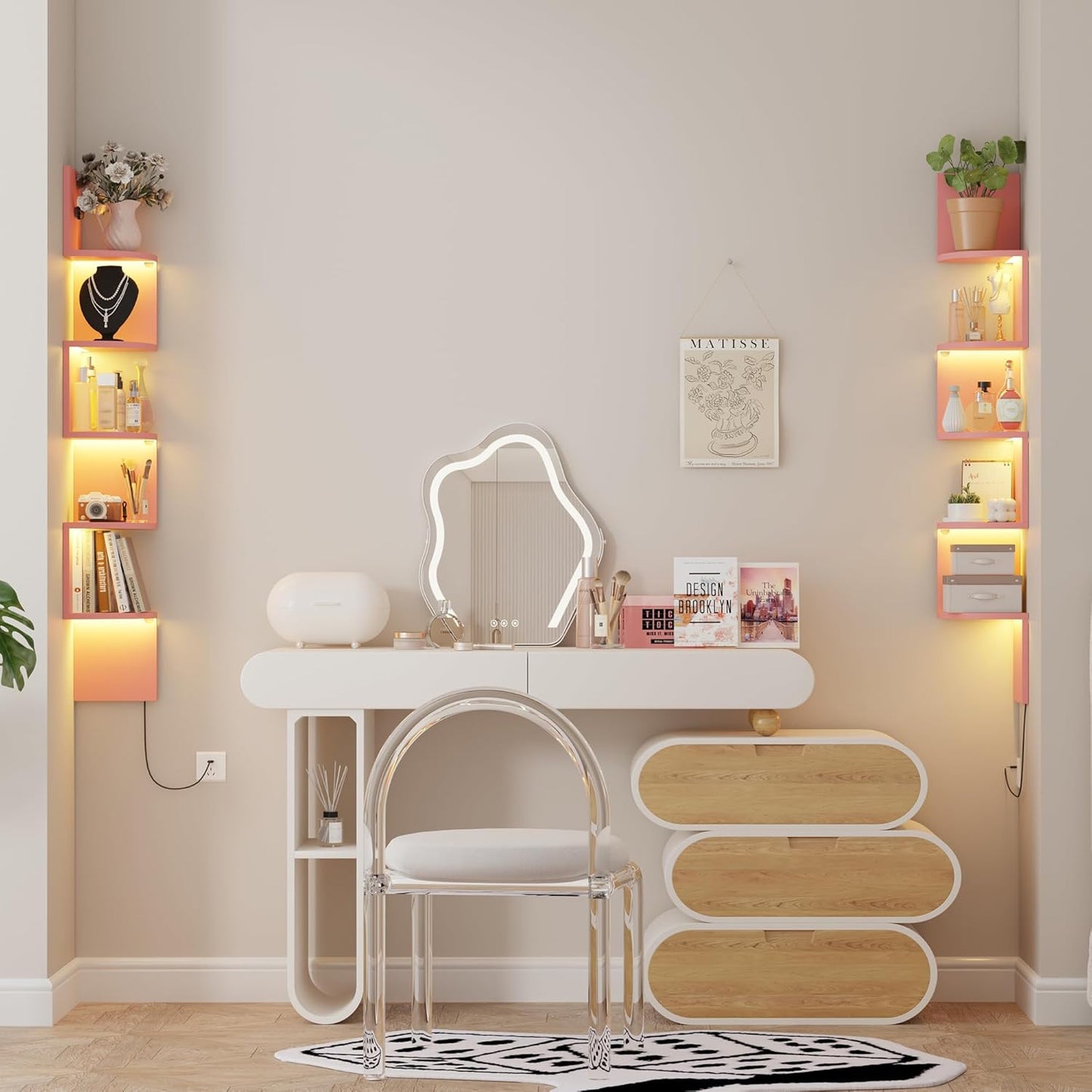 Corner Shelf Wall Mount with LED Light, 5 Tier Floating Corner Bookshelf, Plant Shelf for Bedroom, Floating Shelves for Wall, Display Stand for Living Room, Bathroom, Home Office, Pink