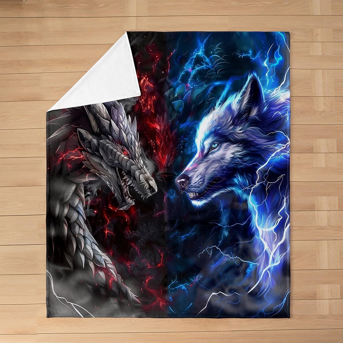 Dragon Wolf Fuzzy Blanket Fire Lightning Flannel Fleece Throw Blanket for Sofa Couch Cool Wild Animal Ultra Soft Bed Blanket Black Blue Red Blanket 90"x90"