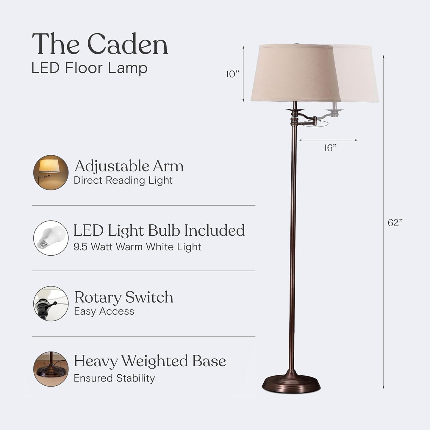 Brightech Caden LED Floor Lamp - Tall Standing Lamp with Swing Arm for Living Rooms & Offices - Industrial Bronze
