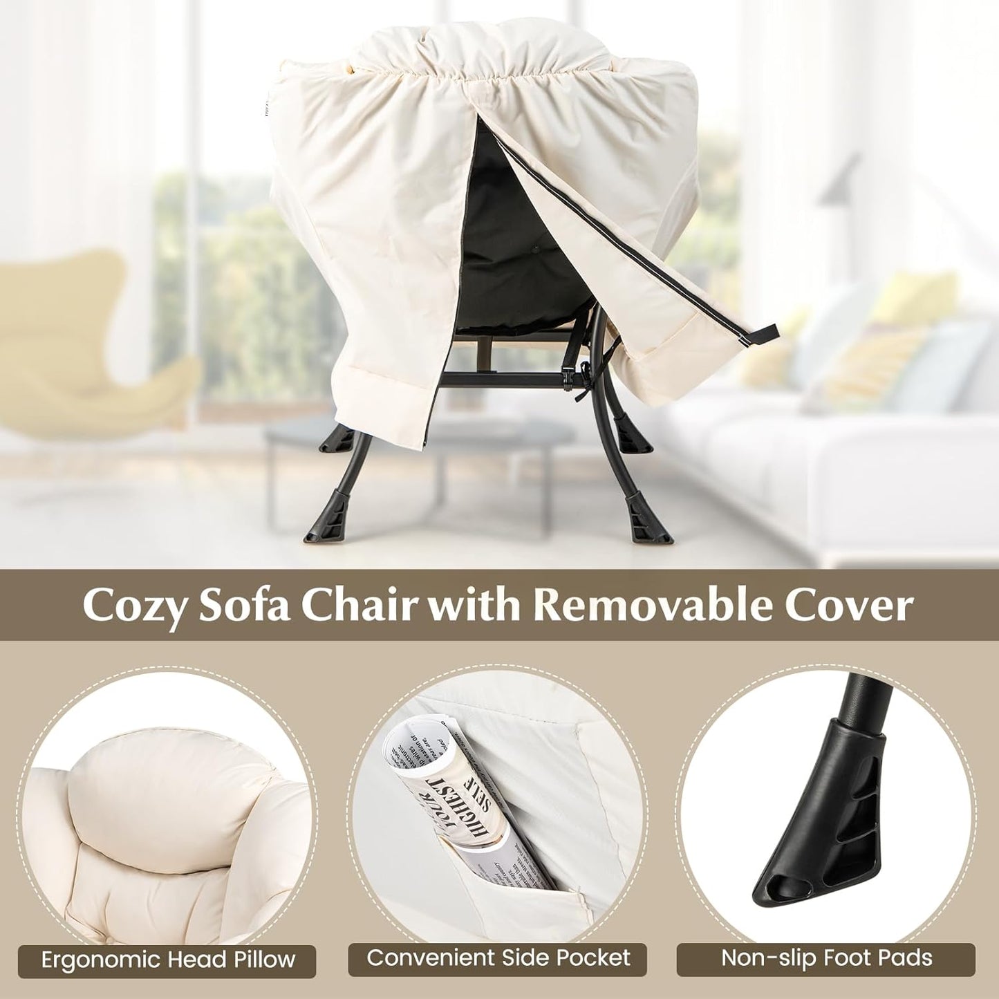 GOFLAME Lazy Chair with Ottoman, Modern Large Accent Chair with Folding Footrest, Head Pillow, Armrests and Side Storage Pocket, Upholstered Reading Chair for Living Room, Bedroom, Office, Beige