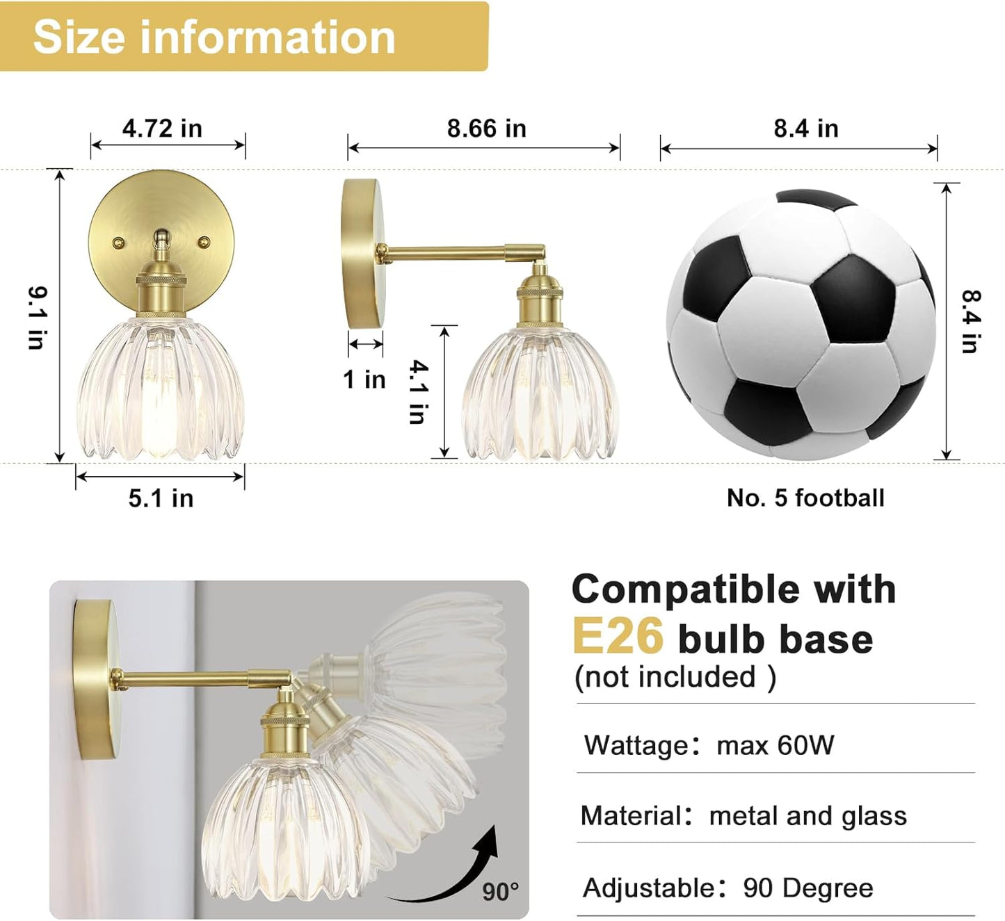 Hardwired Wall Sconces Set of Two, Vintage Wall Lights with Clear Tulip Glass Lampshade, Gold Wall Lamps for Bedroom Bedside Stairway Bathroom Living Room (Bulbs Not Included, Not Battery Powered)