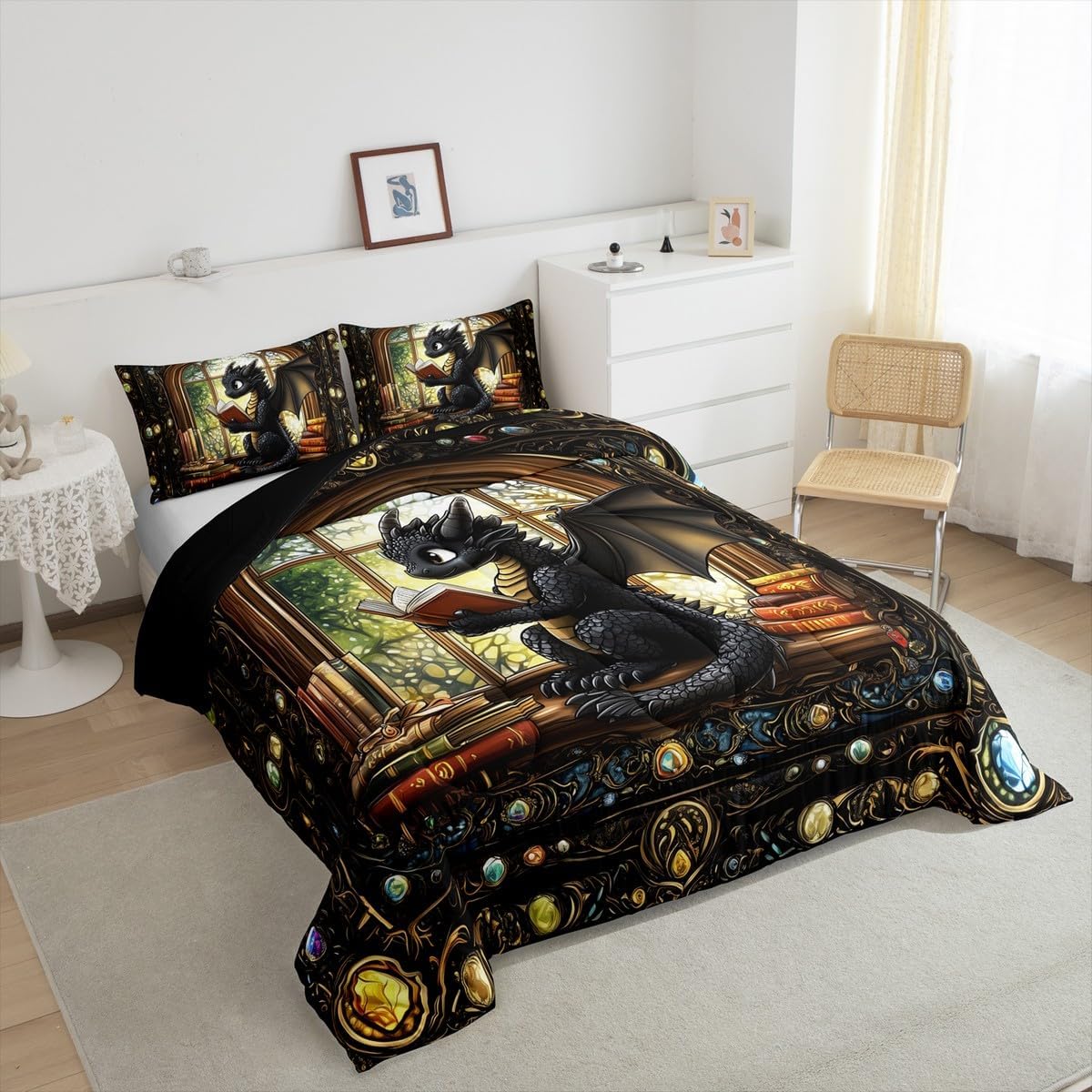Cartoon Dragon Kids Comforter Set Twin Size,Reading Book Bookshelf Trippy Bedding Set,Girls Boys Room Decor,Geometric Patchwork Vintage Down Comforter,Black Noble Chic Duvet Insert,1 Pillowcase