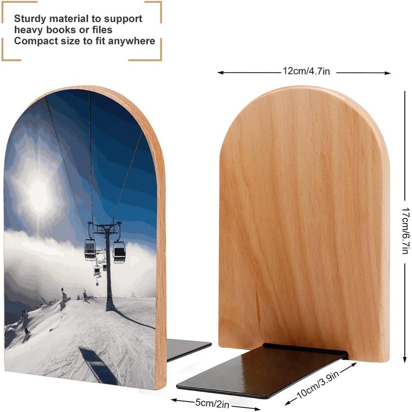 Ski Lift at Sunshine Bookend for Shelves Wooden Book End Large Size Sturdy Book Holders Stoppers with Metal Base for Bookshelves Slick Decorative Bookends Stands