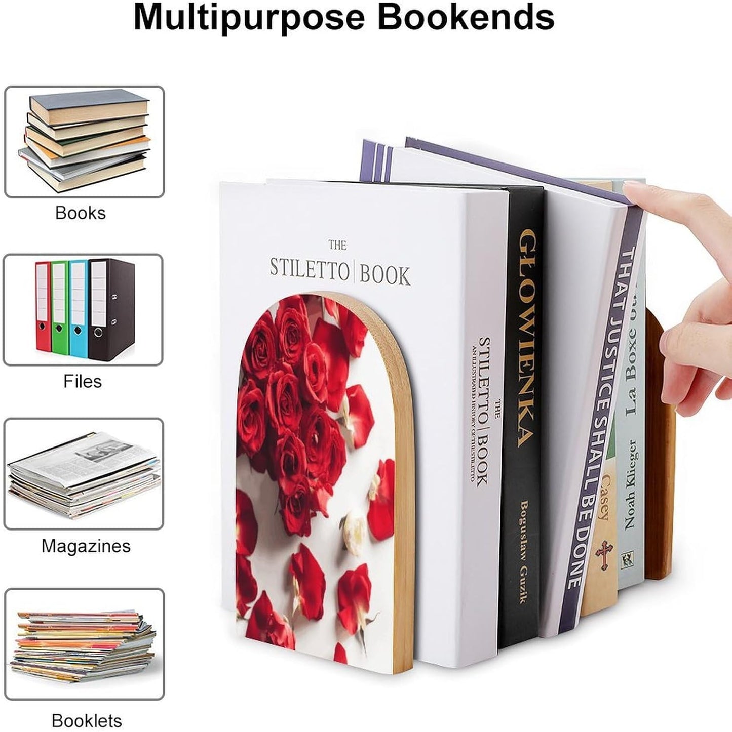 Flowers on Background Bookend for Shelves Wooden Book End Large Size Sturdy Book Holders Stoppers with Metal Base for Bookshelves Slick Decorative Bookends Stands