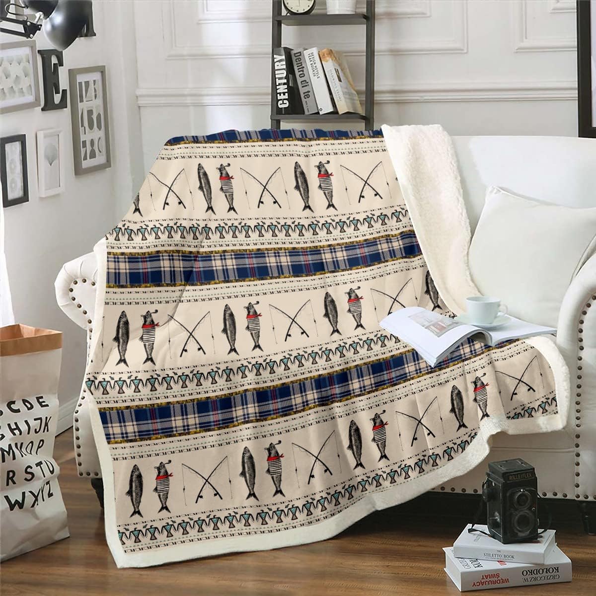 Erosebridal Fishing Themed Throw Blanket,Rustic Farmhouse Fleece Blanket Throw Size for Kids Teens Adult Bedroom,Fishing Rods Fuzzy Blanket Western Country Plaid Sherpa Blanket Decorative Sofa Couch