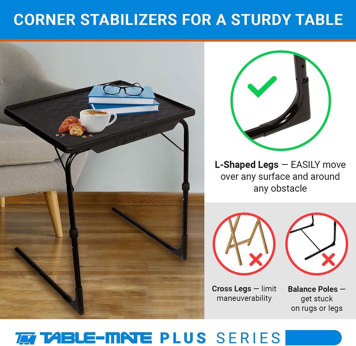 Table-Mate TV Tray Table | Portable Desk Folding Dinner Tray, Couch Table Trays for Eating Snack Food, Portable Laptop Desk, Bed Trays for Eating | Adjustable TV Trays with 3 Angles and Cup Holder