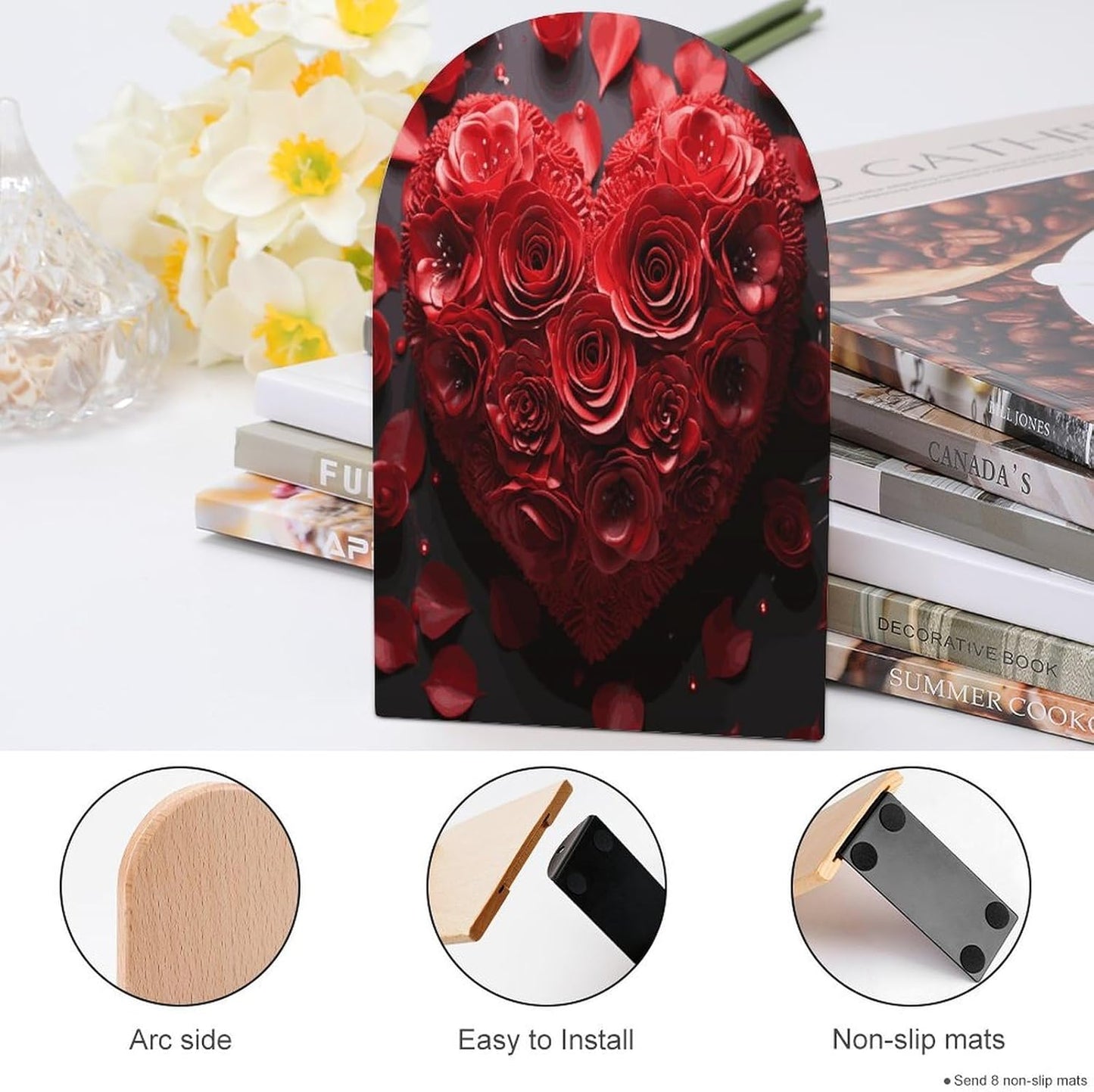Red Rose Love Heart Bookend for Shelves Wooden Book End Large Size Sturdy Book Holders Stoppers with Metal Base for Bookshelves Slick Decorative Bookends Stands