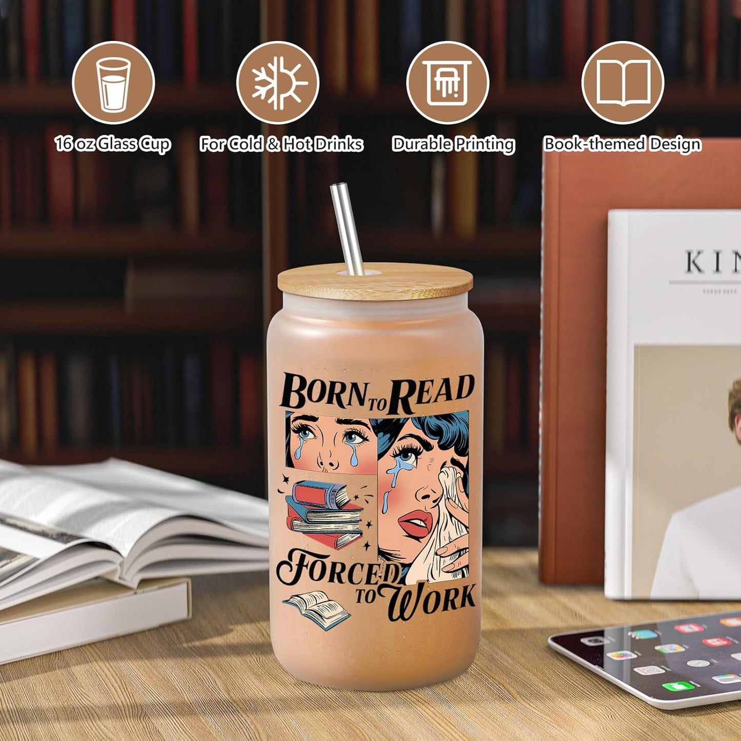 LEADO 16 oz Born to Read Glass Cup - Gifts for Book Lovers Women, Romance Readers - Birthday, Mothers Day, Book Lover Gifts for Women Unique - Reading Accessories, Bookish Ice Coffee Cup for Bookworm