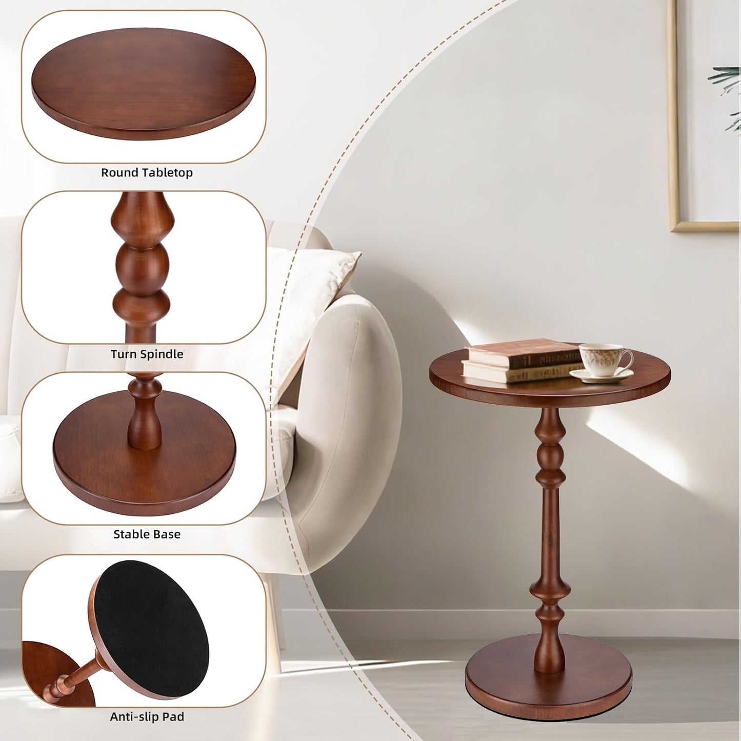 Solid Wood Round Side Table, 15.75" Small Drink Table with Non-Slip Pedestal Base, Modern End Table Accent Table for Living Room and Bedroom, Brown