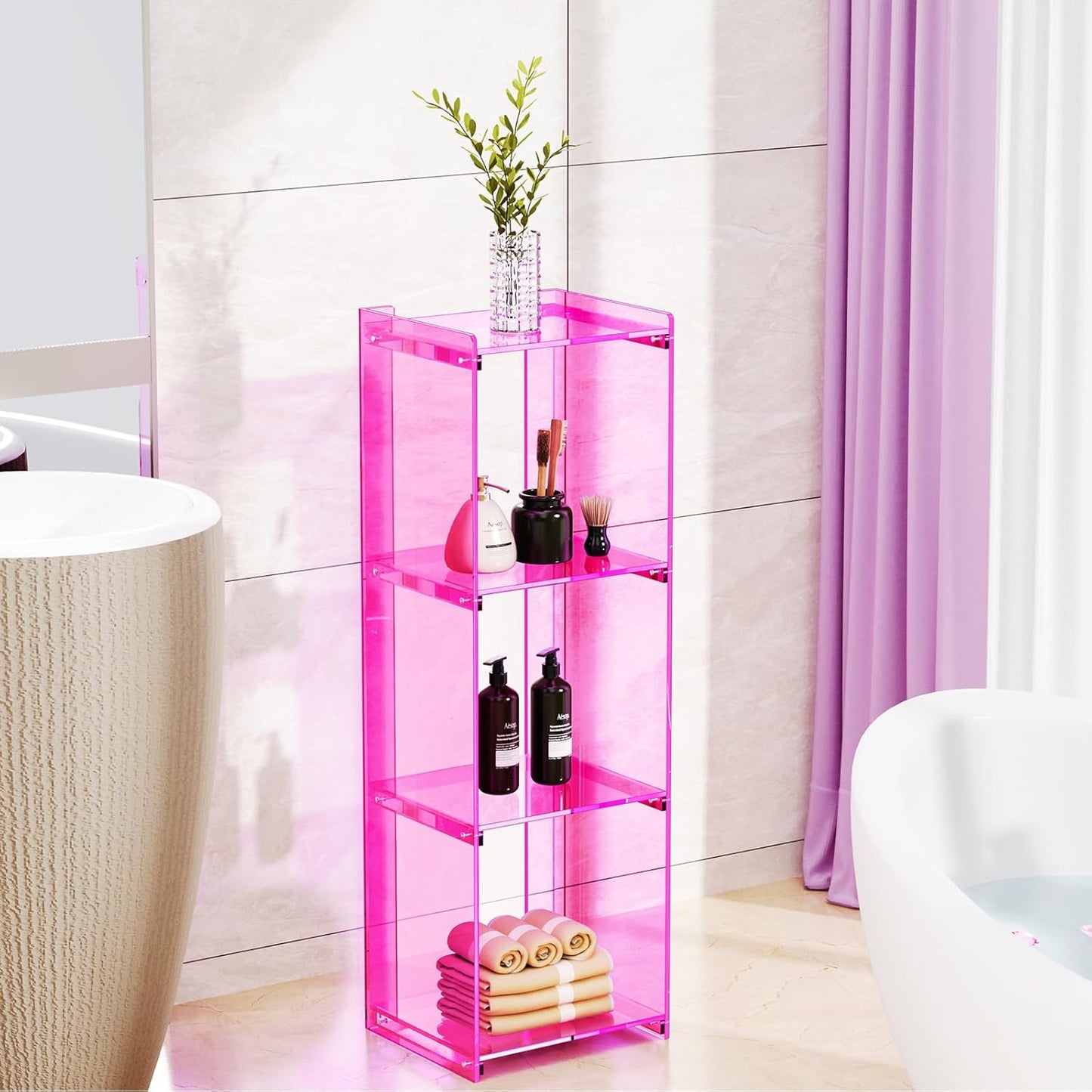 Acrylic Bookcase Small Narrow Shelf Bookshelf Corner Bookshelf Freestanding Tall Skinny Storage Organizer Rack, for Living Room, Kitchen, Bedroom 43.3" H (Pink)
