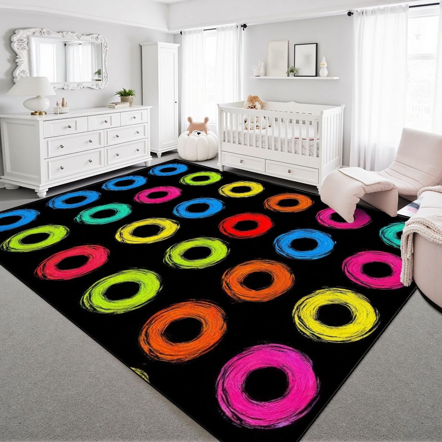 9x12 Area Rugs for Classroom Boho Washable Rug for Playroom Abstract Black Colorful Handpainted Circles Rings Geometric Carpet for Kids Soft Rubber Backed Non-Slip Carpets for School Learning Room