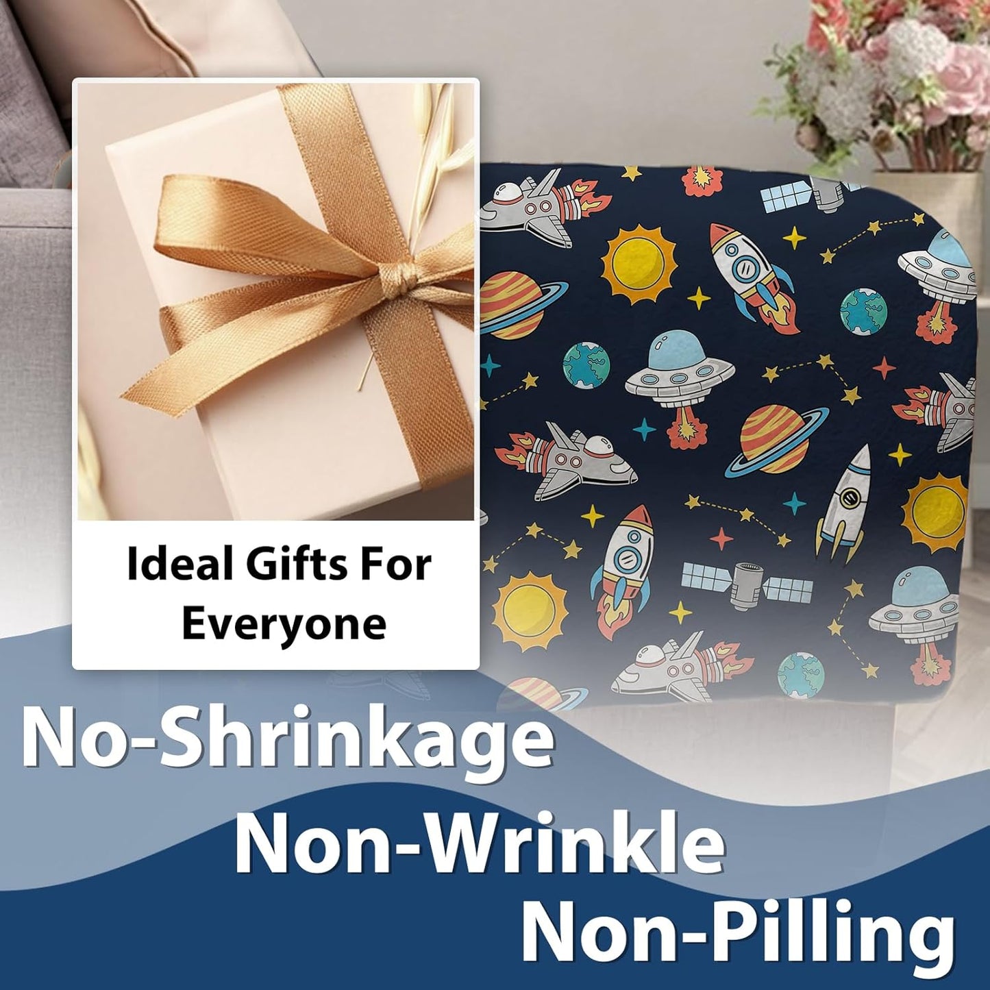 Out Space Flannel Throw Blanket, Planet Rocket Spacecraft Gifts for Kids Boys Baby, Galaxy Sun Stars Birthday Ideas, Soft Blankets Present for Children Teens 50'' x 60''