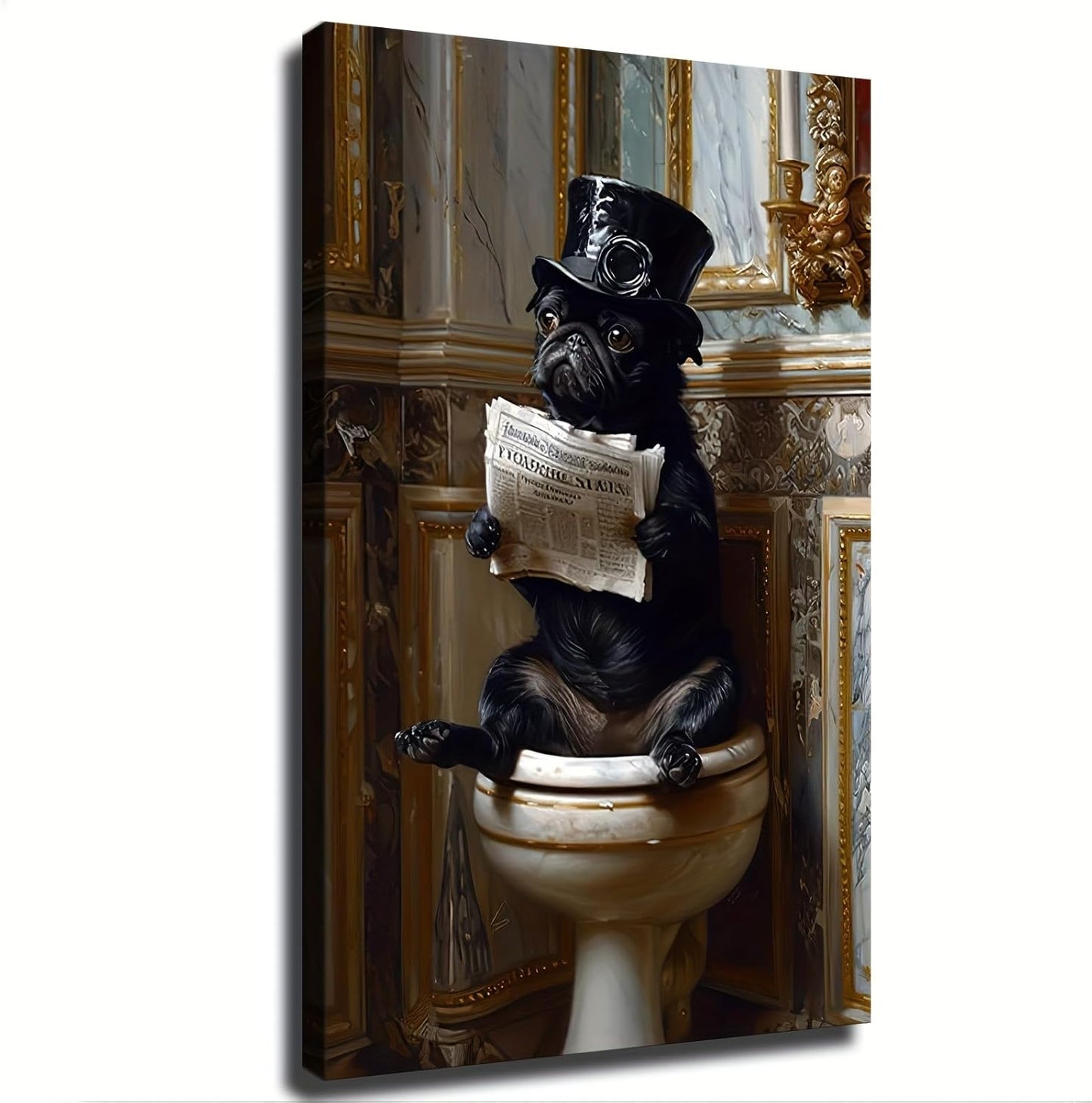 Pug Dog Victorian Gentleman Reading Newspaper on Toilet Whimsical Fine Art Print Poster Giclee Vintage Painting Wall Art (08x12inch Framed)