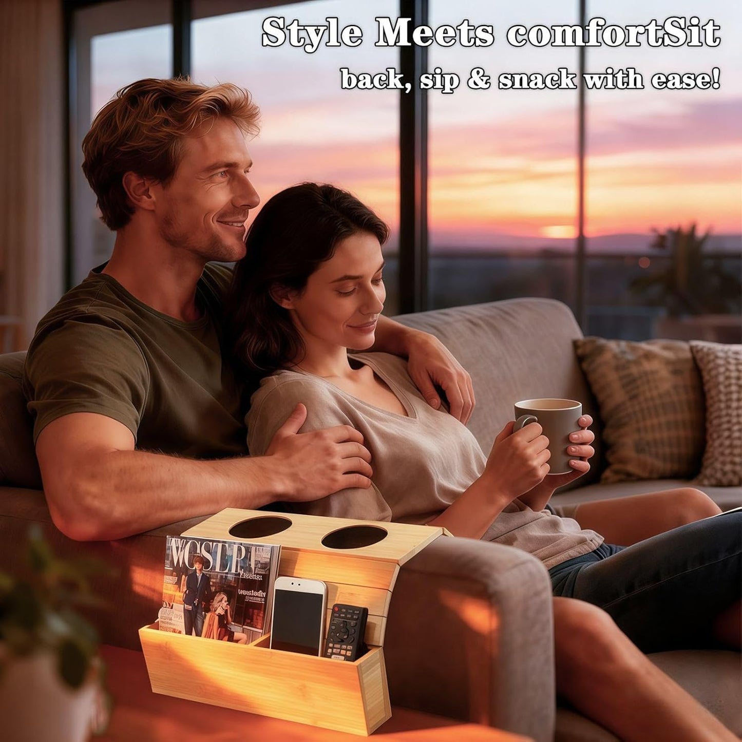 Bamboo Sofa Armrest Tray Foldable Couch Arm Tray Non Slip Sofa Armrest Table with Cork Coasters Color Natural Couch Armrest Organizer for Drinks Mobile Phone TV Remote Control Snacks