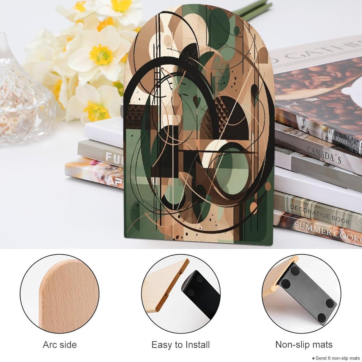 Green Circle Pattern Bookend for Shelves Wooden Book End Large Size Sturdy Book Holders Stoppers with Metal Base for Bookshelves Slick Decorative Bookends Stands